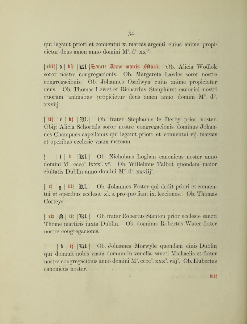 qui legauit priori et conuentui x. marcas argenti cuius anime propi- cietur deus amen anno domini M°. d°. xxj°. |xittj| fc| |Sbantte &nne matus jfttane. Ob. Alicia Wodlok soror nostre congregacionis. Ob. Margareta Lawles soror nostre congregacionis. Ob. Johannes Osadwyn cuius anime propicietur deus. Ob. Thomas Lewet et Richardus Stanyhurst canonici nostri quorum animabus propicietur deus amen anno domini M°. d°. xxviij0. | u| | c | b{ 11EU. | Ob. frater Stephanus le Derby prior noster. Obijt Alicia Schortals soror nostre congregacionis dominus Johan- nes Champnes capellanus qui legauit priori et conuentui vij. marcas et operibus ecclesie vnam marcam. | f | b | U,I. j Ob. Nicholaus Loghan canonicus noster anno domini M°. cccc°. lxxx0. v°. Ob. Willelmus Talbot quondam maior ciuitatis Dublin anno domini M°. d°. xxviij'. | | g | tit) | £tl. | Ob. Johannes Foster qui dedit priori et conuen- tui et operibus ecclesie xl. s. pro quo fiant. ix. lecciones. Ob. Thomas Corteys. | xix | gt | *4 | H&\. | Ob. frater Robertus Stanton prior ecclesie sancti Thome martiris iuxta Dublin. Ob. dominus Robertus Water frater nostre congregacionis. | b | q | 33tl. | Ob. Johannes Morwyle quondam ciuis Dublin qui donauit nobis vnam domum in venella sancti Michaelis et frater nostre congregacionis anno domini MJ. cccc'. xxx°. viij°. Ob. Hubertus canonicus noster. bt4