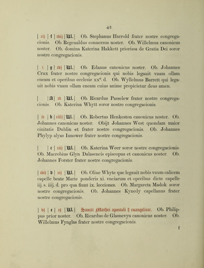 | xt| | f | xbtj | HI. | Ob. Steplianus Harrold frater nostre congrega- cionis. Ob. Res;enaldus conuersus noster. Ob. Willelmus canonicus noster. Ob. domina Katerina Hakkett priorissa de Gratia Dei soror nostre congregacionis. t | g| xbf | HI. | Ob. Edanus canonicus noster. Ob. Johannes Crux frater nostre congregacionis qui nobis legauit vnam ollani eneam et operibus ecclesie xxli. d. Ob. Wyllelmus Barrett qui lega- uit nobis vnam ollam eneam cuius anime propicietur deus amen. | @L | xb | HI. | Ob. Ricardus Passelew frater nostre congrega- cionis. Ob. Katerina Whytt soror nostre congregacionis. | ix I b | xuq | HI. | Ob. Robertus Henkeston canonicus noster. Ob. Johannes canonicus noster. Obijt Johannes West quondam maior ciuitatis Dublin et frater nostre congregacionis. Ob. Johannes Phylyp alyas Iunower frater nostre congregacionis. I | c | xnj I HI. | Ob. Katerina Weer soror nostre congregacionis. Ob. Macrobius Glyn Dalasencis episcopus et canonicus noster. Ob. Johannes Forster frater nostre congregacionis. | xbt| | U | xtf | HI. | Ob. Oliue Whyte que legauit nobis vnum calicem capelle beate Marie ponderis xi. vnciarum et operibus dicte capelle iij. s. iiij. d. pro qua hunt ix. lecciones. Ob. Margareta Madok soror nostre congregacionis. Ob. Johannes Kynedy capellanus frater nostre congregacionis. | b{ | 11 xj | HI. | Sbanctt Jttatfjet apostolt ^ tuangeltste. Ob. Philip- pus prior noster. Ob. Ricardus de Glasnevyn canonicus noster. Ob. Willelmus Fynglas frater nostre congregacionis. f