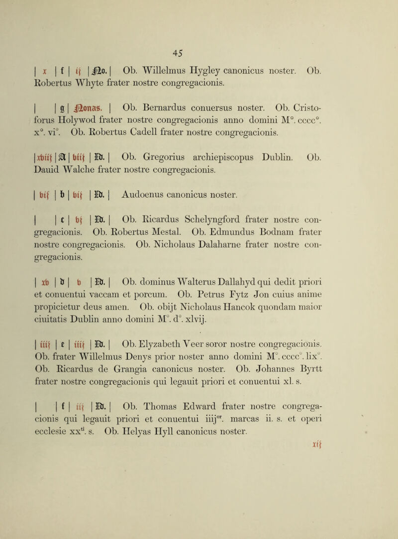 | x | f | if | iEo. | Ob. Willelmus Plygley canonicus noster. Ob. Robertus Whyte frater nostre congregacionis. | 0 | j£ona$. I Ob. Bernardus conuersus noster. Ob. Cristo- forus Holywod frater nostre congregacionis anno domini M°. cccc°. x°. vi°. Ob. Robertus Cadell frater nostre congregacionis. gt | bti} | 5b. | Ob. Gregorius archiepiscopus Dublin. Ob. Dauid Walche frater nostre congregacionis. | btl ] b | bij | lib. | Audoenus canonicus noster. | c | b{ | 5b. | Ob. Ricardus Schelyngford frater nostre con- gregacionis. Ob. Robertus Mestal. Ob. Edmundus Bodnam frater nostre congregacionis. Ob. Nicholaus Dalaharne frater nostre con- gregacionis. | lb | b | b | 5b. | Ob. dominus Walterus Dallahyd qui dedit priori et conuentui vaccam et porcum. Ob. Petrus Fytz Jon cuius anime propicietur deus amen. Ob. obijt Nicholaus Hancok quondam maior ciuitatis Dublin anno domini M . d°. xlvij. | titf | t | til} | 5b. | Ob. Elyzabeth Veer soror nostre congregacionis. Ob. frater Willelmus Denys prior noster anno domini M°. cccc°. lix. Ob. Ricardus de Grangia canonicus noster. Ob. Johannes Byrtt frater nostre congregacionis qui legauit priori et conuentui xl. s. I | f | u? | 5b. I Ob. Thomas Edward frater nostre congrega- cionis qui legauit priori et conuentui iiijor. marcas ii. s. et operi ecclesie xx‘‘. s. Ob. Helyas Hyll canonicus noster. *4