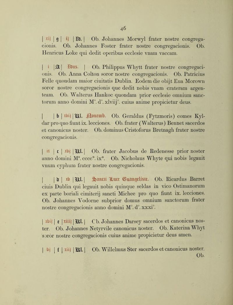 | xij | 5 tj | 5b. | Ob. Johannes Morwyl frater nostre congrega- cionis. Ob. Johannes Foster frater nostre congregacionis. Ob. Henricus Loke qui dedit operibus ecclesie vnam vaccam. i A EtJus. | Ob. Philippus Whytt frater nostre congregaci- onis. Ob. Anna Colton soror nostre congregacionis. Ob. Patricius Felle quondam maior ciuitatis Dublin. Eodemdie obijt Eua Morown soror nostre congregacionis que dedit nobis vnam crateram argen- team. Ob. Walterus IJankoc quondam prior ecclesie omnium sanc- torum anno domini M°. d°. xlviijJ. cuius anime propicietur deus. | | b | 1HI. Jiouemb. Ob. Geraldus (Fytzmoris) comes Kyl- dar pro quo hunt ix. lecciones. Ob. frater (Walterus) Bennet sacerdos et canonicus noster. Ob. dominus Cristoforus Bretnagh frater nostre congregacionis. | w | c | xb{ | HI. | Ob. frater Jacobus de Bedenesse prior noster anno domini M°. cccc°. ix°. Ob. Nicholaus Whyte qui nobis legauit vnum cyphum frater nostre congregacionis. | b | xb 1HI. | Sbauctt ILucc ©unnadlstt. Ob. Kicardus Barret ciuis Dublin qui legauit nobis quinque seldas in vico Ostimanorum ex parte boriah cimiterij sancti Michee pro quo hunt ix. lecciones. Ob. Johannes Vodorne subprior domus omnium sanctorum frater nostre congregacionis anno domini M°. d°. xxxi°. | xblj [ e | xttq | 3BtI. | Cb. Johannes Darsey sacerdos et canonicus nos- ter. Ob. Johannes Netyrvile canonicus noster. Ob. Katerina Whyt soror nostre congregacionis cuius anime propicietur deus amen. | bj | f j .viq | HI. | Ob. Willelmus Ster sacerdos et canonicus noster. Ob.