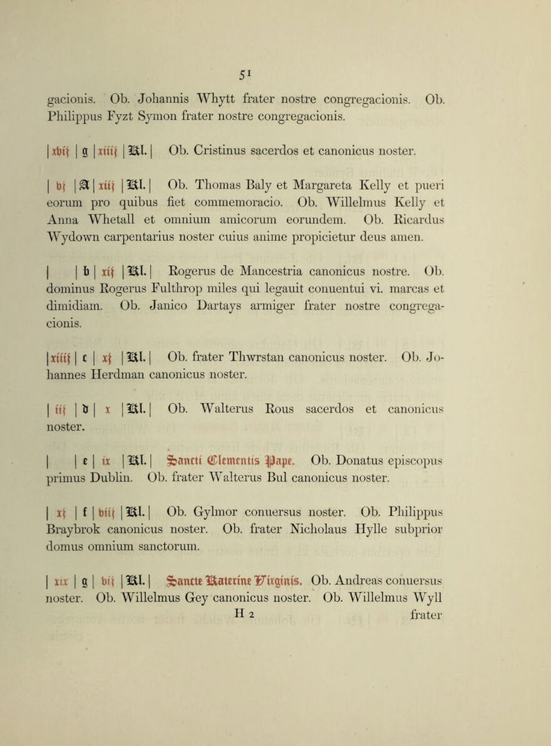 gacionis. Ob. Johannis Whytt frater nostre congregacionis. Ob. Philippus Fyzt Symon frater nostre congregacionis. | xbh | g | xu'q | mi. | Ob. Cristinus sacerdos et canonicns noster. | b( | & | xu( | mi. | Ob. Thomas Baly et Margareta Kelly et pueri eorum pro qnibus fiet commemoracio. Ob. Willelmus Kelly et Anna Whetall et omnium amicorum eorundem. Ob. Ricardus Wydown carpentarius noster cuius anime propicietur deus amen. | b | xt( | ml. | Rogerus de Mancestria canonicus nostre. Ob. dominus Rogerus Fulthrop miles qui legauit conuentui vi. marcas et dimidiam. Ob. Janico Dartays armiger frater nostre congrega- cionis. | xutf | c | xf | mi. | Ob. frater Thwrstan canonicus noster. Ob. Jo- hannes Herdman canonicus noster. I I * I x | mi. | Ob. Walterus Rous sacerdos et canonicus noster. | e | ix | ml. | ibancti dementis Ipape. Ob. Donatus episcopus primus Dublin. Ob. frater Walterus Bui canonicus noster. | x\ | f | bit} | mi. | Ob. Gylmor conuersus noster. Ob. Philippus Braybrok canonicus noster. Ob. frater Nicholaus Hylle subprior domus omnium sanctorum. | xix | g | bij | mi. | ^anttemateunelT'itgims. Ob. Andreas conuersus noster. Ob. Willelmus Gey canonicus noster. Ob. Willelmus Wyll H 2 frater