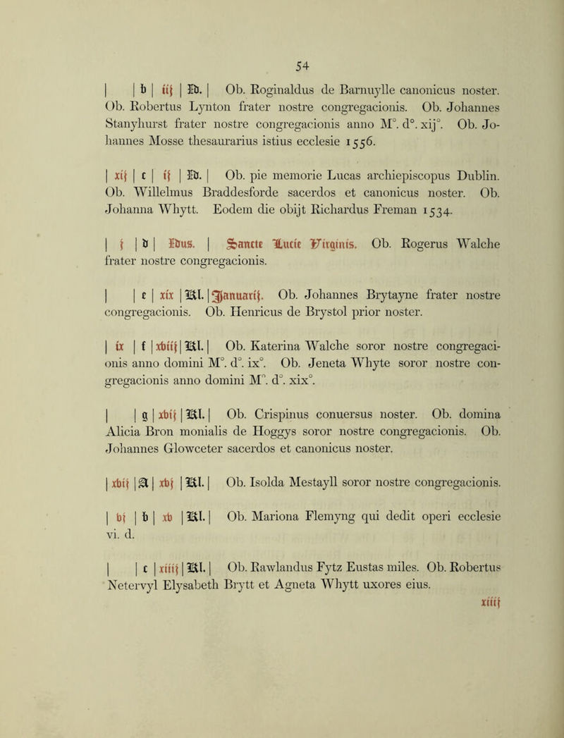 | b | (({ | 113. | Ob. Roginaldus de Barnuylle canonicus noster. Ob. Robertus Lynton frater nostre congregacionis. Ob. Johannes Stanyhurst frater nostre congregacionis anno M°. d°. xij°. Ob. Jo- hannes Mosse thesaurarius istius ecclesie 1556. | xtj | c | i( | llJ. | Ob. pie memorie Lucas archiepiscopus Dublin. Ob. Willelmus Braddesforde sacerdos et canonicus noster. Ob. Johanna Whytt. Eodem die obijt Richardus Freman 1534. | \ | tJ | $bus. | Sbancte ILucit Ftramis. Ob. Rogerus Walche frater nostre congregacionis. | c | xtx | ISt1.13)anuarth Ob. Johannes Brytayne frater nostre congregacionis. Ob. Henricus de Brystol prior noster. | fx | f |xbuf|ltl.| Ob. Katerina Walche soror nostre congregaci- onis anno domini M°. d°. ix°. Ob. Jeneta Whyte soror nostre con- uresucionis anno domini M. d°. xix°. o O | g | xbi j 11£tl. | Ob. Crispinus conuersus noster. Ob. domina Alicia Bron monialis de Hoggys soror nostre congregacionis. Ob. Johannes Glowceter sacerdos et canonicus noster. | xbt? |^ | xb( 11SU. | Ob. Isolda Mestayll soror nostre congregacionis. | bj | b | xb | IBtl. | Ob. Mariona Flemyng qui dedit operi ecclesie vi. d. | c | xui'j | IStl. | Ob. Rawlandus Fytz Eustas miles. Ob. Robertus Netervyl Elysabeth Brytt et Agneta Whytt uxores eius. xu'd