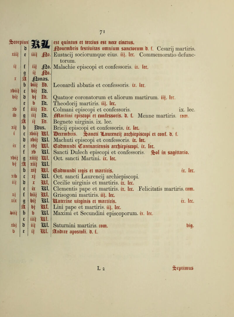 &cor pius b xitf e m i£o. if f Jio. g JEio. X a Jionas. b biif Ib. xbiif c bif ib. bif b bl Ib. c b Ib. xb f iiif Ib. ib g «f Ib. a «{ Ib. xif b Ibus. i c xbiif HI. b xbij mi. ix e xbf mi. f xb mi. xbif g xiitf mi. bf S3 xitf mi. b xi{ mi. rib c mi. »f b X mi. e ix mi. X{ f biif mi. xix g Wf mi. S3 fcf mi. biif b b mi. c iiif mi. .rbj b «f mi. b e if mi. rst quintus et tercius est nect cinctus. Jiouembris festiuitas omnium sanctorum b. f. Cesarij martins. Eustacij sociorumque eius. iif. let. Commemoratio defunc- torum. Malachie episcopi et confessoris. ix. lee. Leonardi abbatis et confessoris. tx. let. Quatuor coronatorum et aliorum martirum. ii{. Icc. Theodorij martiris. iif. lec. Colmani episcopi et confessoris. ix. lec. Jffilattini epistopi ft confessoris. b. f. Menne martiris. com, Begnete uirginis. ix. lec. Bricij episcopi et confessoris. ix. fee. Decembris. Jbancti Uaurenctj arcbtepiscopi et conf. b. f. Macbuti episcopi et confessoris. ix. lec. <2£abmunbt Cffantuariensis arcftiepiscopi. ix. lec. Sancti Dulech episcopi et confessoris. &ol in sagittario. Oct. sancti Martini, ix. lec. ©abmunbi regis et martiris. ix. lec. Oct. sancti Laurencij archiepiscopi. Cecilie uirginis et martiris. ix. lec. dementis pape et martiris. ix. lec. Felicitatis martiris. tom. Grisogoni martiris. iif. lec. Hatedne uirginis et martiris. ix. lec. Lini pape et martiris. tif, lec. Maximi et Secunclini episcoporum. ix. let. Saturnini martiris. tom. big. &nbtee apostoli. b. f. L 2 Septimus