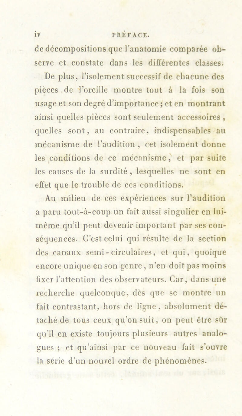 iv PRÉFACE, de décompositions que l’anatomie comparée ob- serve et constate dans les différentes classes. De plus, l’isolement successif de chacune des pièces de i’orcille montre tout à la fois son usage et son degré d’importance ; et en montrant ainsi quelles pièces sont seulement accessoires, quelles sont, au contraire, indispensables au mécanisme de l’audition , cet isolement donne les conditions de ce mécanisme, et par suite les causes de la surdité , lesquelles ne sont en effet que le trouble de ces conditions. Au milieu de ces expériences sur l’audition a paru tout-à-coup un fait aussi singulier en lui- même qu’il peut devenir important par ses con- séquences. C’est celui qui résulte de la section des canaux serni - circulaires, et qui, quoique encore unique en son genre, n’en doit pas moins fixer l’attention des observateurs. Car, dans une recherche quelconque, des que se montre un fait contrastant, hors de ligne, absolument dé- taché de tous ceux qu’on suit, on peut être sûr qu’il en existe toujours plusieurs autres analo- gues ; et qu’ainsi par ce nouveau fait s’ouvre la série d’un nouvel ordre de phénomènes.