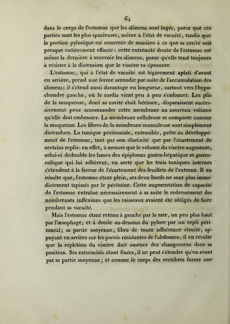 dans le corps de l’estomac que les alimens sont logés, parce que ces parties sont les plus spacieuses, même à l’état de vacuité, tandis que la portion pylorique est resserrée de manière à ce que sa cavité soit presque entièrement effacée : cette extrémité droite de l’estomac est même la dernière à recevoir les alimens, parce qu’elle tend toujours à résister à la distension que le viscère va éprouver. L’estomac, qui à l’état de vacuité est légèrement aplati d’avant en arrière, prend une forme arrondie par suite de l’accumulation des alimens; il s’étend aussi davantage en longueur, surtout vers l’hypo- chondre gauche, où le cardia vient peu à peu s’enfoncer. Les plis de la muqueuse, dont sa cavité était hérissée, disparaissent succes- sivement pour accommoder cette membrane au nouveau volume qu’elle doit embrasser. La membrane celluleuse se comporte comme la muqueuse. Les fibres de la membrane musculeuse sont simplement distendues. La tunique péritonéale, extensible, prête au développe- ment de l’estomac, tant par son élasticité que par l’écartement de certains replis : en effet, à mesure que le volume du viscère augmente, celui-ci dédouble les lames des épiploons gastro-hépatique et gastro- colique qui lui adhèrent, en sorte que les trois tuniques internes s’étendent à la faveur de l’écartement des feuillets de l’externe. Il en résulte que, l’estomac étant plein, ses deux bords ne sont plus immé- diatement tapissés par le péritoine. Gette augmentation de capacité de l’estomac entraîne nécessairement à sa suite le redressement des nombreuses inflexions que les vaisseaux avaient été obligés de faire pendant sa vacuité. Mais l’estomac étant retenu à gauche par la rate, un peu plus haut par l’œsophage, et à droite au-dessous du pylore par un repli péri- tonéal; sa partie moyenne, libre de toute adhérence étroite, ap- puyant en arrière sur les parois résistantes de l’abdomen; il en résulte que la réple'tion du viscère doit amener des changemens dans sa position. Ses extrémités étant fixées, il ne peut s’étendre qu’en avant par sa partie moyenne ; et comme le corps des vertèbres forme une