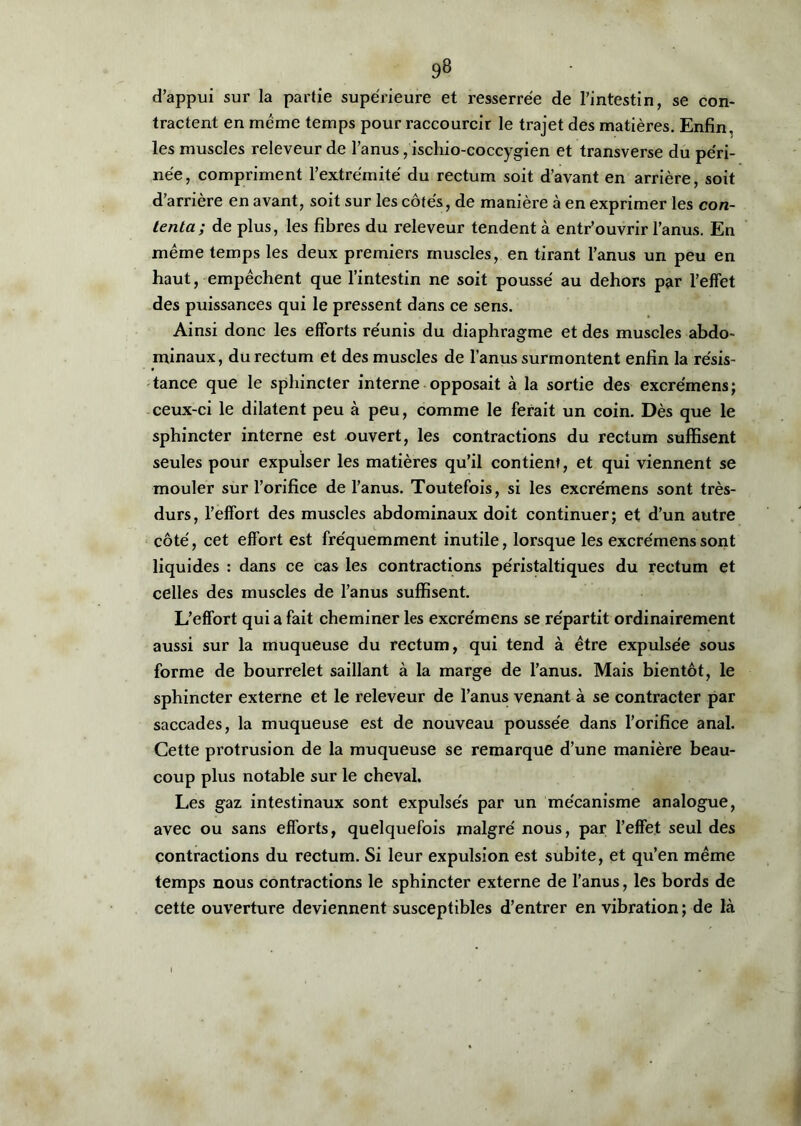 d’appui sur la partie supérieure et resserrée de l’intestin, se con- tractent en meme temps pour raccourcir le trajet des matières. Enfin, les muscles releveur de l’anus, ischio-coccygien et transverse du péri- née , compriment l’extrémité du rectum soit d’avant en arrière, soit d’arrière en avant, soit sur les côtés, de manière à en exprimer les con- tenta; de plus, les fibres du releveur tendent à entr’ouvrir l’anus. En meme temps les deux premiers muscles, en tirant l’anus un peu en haut, empêchent que l’intestin ne soit poussé au dehors par l’effet des puissances qui le pressent dans ce sens. Ainsi donc les efforts réunis du diaphragme et des muscles abdo- minaux, du rectum et des muscles de l’anus surmontent enfin la résis- tance que le sphincter interne opposait à la sortie des excrémens; ceux-ci le dilatent peu à peu, comme le ferait un coin. Dès que le sphincter interne est ouvert, les contractions du rectum suffisent seules pour expulser les matières qu’il contient, et qui viennent se mouler sur l’orifice de l’anus. Toutefois, si les excrémens sont très- durs, l’effort des muscles abdominaux doit continuer; et d’un autre côté, cet effort est fréquemment inutile, lorsque les excrémens sont liquides : dans ce cas les contractions péristaltiques du rectum et celles des muscles de l’anus suffisent. L’effort qui a fait cheminer les excrémens se répartit ordinairement aussi sur la muqueuse du rectum, qui tend à être expulsée sous forme de bourrelet saillant à la marge de l’anus. Mais bientôt, le sphincter externe et le releveur de l’anus venant à se contracter par saccades, la muqueuse est de nouveau poussée dans l’orifice anal. Cette protrusion de la muqueuse se remarque d’une manière beau- coup plus notable sur le cheval. Les gaz intestinaux sont expulsés par un mécanisme analogue, avec ou sans efforts, quelquefois malgré nous, par l’effet seul des contractions du rectum. Si leur expulsion est subite, et qu’en même temps nous contractions le sphincter externe de l’anus, les bords de cette ouverture deviennent susceptibles d’entrer en vibration ; de là