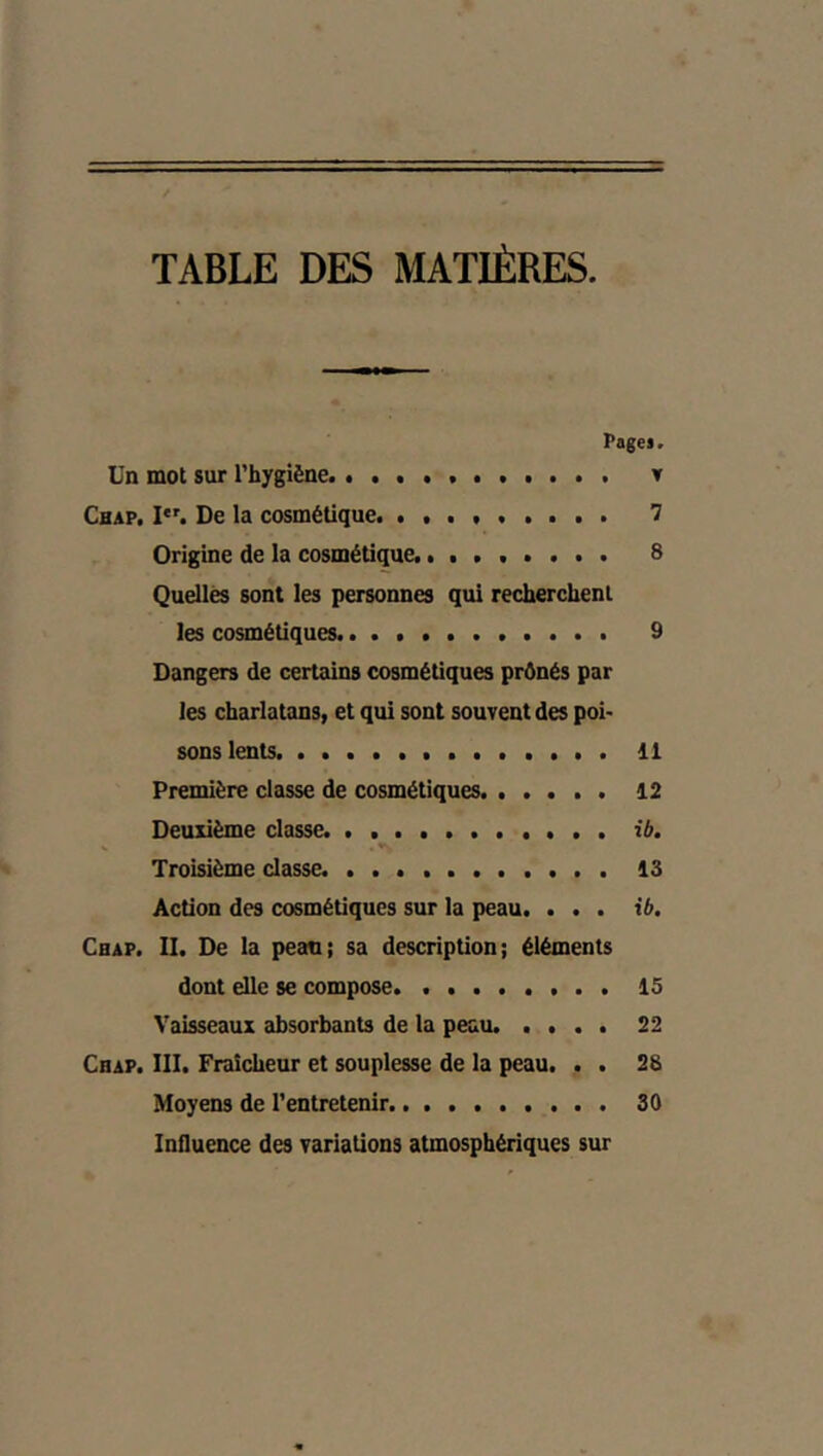TABLE DES MATIÈRES Pages. Un mot sur l'hygiène v Cbap. De la cosmétique ^ Origine de la cosmétique 8 Quellës sont les personnes qui recherchent les cosmétiques 9 Dangers de certains cosmétiques prônés par les charlatans, et qui sont souvent des poi- sons lents 11 Première classe de cosmétiques 12 Deuxième classe. ib. Troisième classe. 13 Action des cosmétiques sur la peau. ... ib. Cbap. II. De la pean; sa description; éléments dont elle se compose. 15 Vaisseaux absorbants de la peau. .... 22 Cbap. III. Fraîcheur et souplesse de la peau. . . 28 Moyens de l’entretenir 30 Influence des variations atmosphériques sur