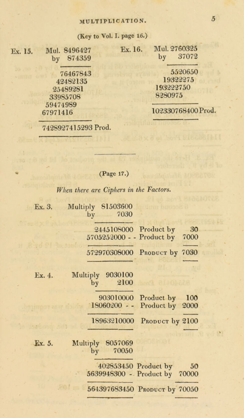 (Key to Vol. I. page 16.) Ex. 15. Mul. 8496427 by 874359 76467843 42482135 25489281 33985708 59474989 67971416 Ex. 16. Mul. 2760325 by 37072 5520650 19322275 193222750 8280975 102330768400 Prod. 742S927415293 Prod. (Page 17.) When there are Ciphers in the Factors. Ex. 3. Multiply S1503600 by 7030 2445108000 Product by 30 5705252000 - - Product by 7000 572970308000 Product by 7030 Ex. 4. Multiply 9030100 by 2100 903010000 Product by 100 18060200 - - Product by 2000 18963210000 Product by 2100 Ex. 5. Multiply 8057069 by 70050 402853450 Product by 50 5639948300 - Product by 70000 564397683450 Product by 70050