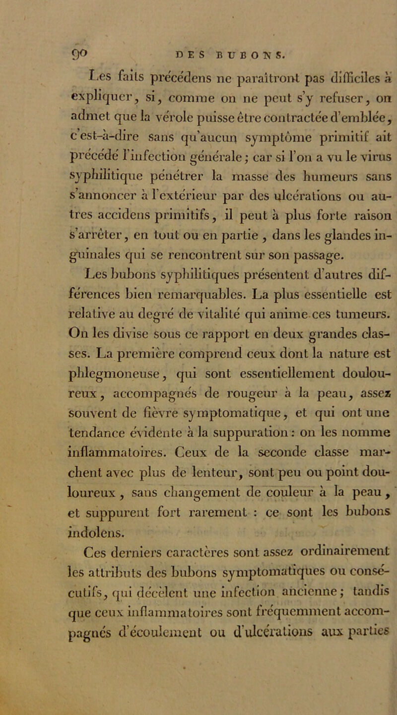 Les faits précédens ne paraîtront pas difficiles à expliquer, si, connue on ne peut s’y refuser, on admet que la vérole puisse être contractée d’emblée, c est-à-dire sans qu’aucun symptôme primitif ait précédé l’infection générale ; car si l’on a vu le virus syphilitique pénétrer la masse des humeurs sans s’annoncer à l’extérieur par des ulcérations ou au- tres accidens primitifs, il peut à plus forte raison s’arrêter, en tout ou en partie , dans les glandes in- guinales qui se rencontrent sur son passage. Les bubons syphilitiques présentent d’autres dif- férences bien remarquables. La plus essentielle est relative au degré de vitalité qui anime ces tumeurs. On les divise sous ce rapport en deux grandes clas- ses. La première comprend ceux dont la nature est phlegmoneuse, qui sont essentiellement doulou- reux, accompagnés de rougeur à la peau, assez souvent de fièvre symptomatique, et qui ont une tendance évidente à la suppuration : on les nomme inflammatoires. Ceux de la seconde classe mar- chent avec plus de lenteur, sont peu ou point dou- loureux , sans changement de couleur à la peau , et suppurent fort rarement : ce sont les bubons indolens. Ces derniers caractères sont assez ordinairement les attributs des bubons symptomatiques ou conse- cutifs, qui décèlent une infection ancienne; tandis que ceux inflammatoires sont fréquemment accom- pagnés d écoulement ou d ulcérations aux parties