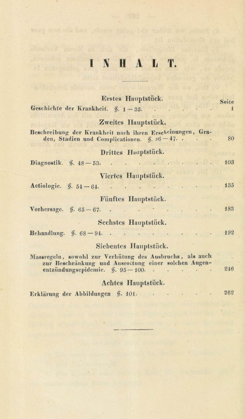Erstes Ilauptstiick. Geschichte der Krankheit. l — a5- Zweites Hauptstück. Beschreibung der Krankheit nach ihren Ersetzungen, Gra- den, Stadien und Coraplicationen. §. s6 — 47. . Drittes Hauptstück. Diagnostik. $. 48 — 53 Viertes Ilauptstiick. Aetiologie. <{>. 54 — 64 Fünftes Ilauptstiick. Vorhersage. §. 65— 67- Sechstes Hauptstück. Behandlung. 68 — 94 Siebentes Ilauptstiick. Maseregeln, sowohl zur Verhütung des Ausbruchs, als auch zur Beschränkung und Ausrottung einer solchen Augen- entzündungsepidemie. §. 95 — 100 Achtes Hauptstück. Erklärung der Abbildungen 101- Seite 1 80 103 135 183 192 246 262