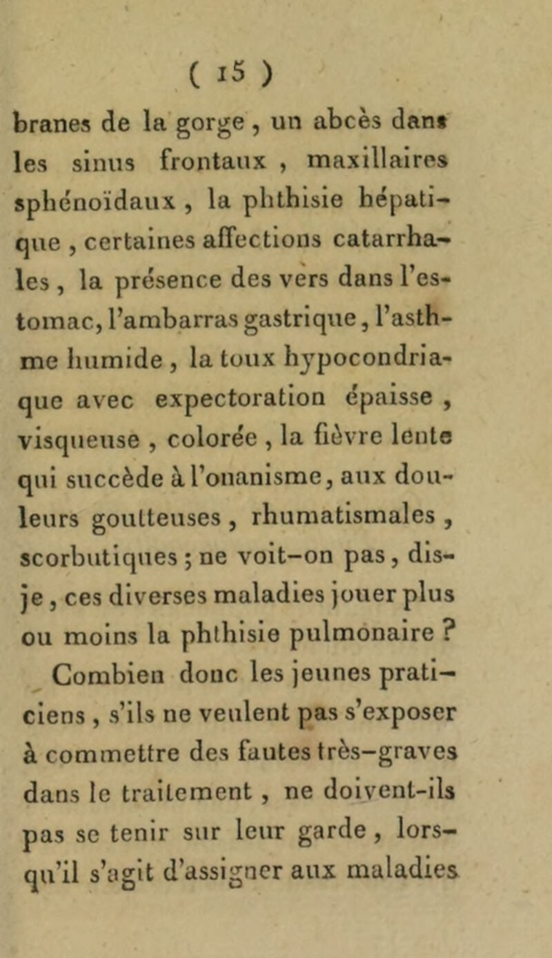 branes de la gorge, un abcès dant les sinus frontaux , maxillaires sphénoïdaux , la phthisie hépati- que , certaines affections catarrha- les , la présence des vers dans l’es- tomac, l’ambarras gastrique, l’asth- me humide , la toux lij'pocondria- quc avec expectoration épaisse , visqueuse , colorée , la fièvre lente qui succède à l’onanisme, aux dou- leurs goutteuses, rhumatismales , scorbutiques ; ne voit-on pas, dis- je , ces diverses maladies jouer plus ou moins la phthisie pulmonaire ? Combien donc les jeunes prati- ciens , s’ils ne veulent pas s’exposer à commettre des fautes très-graves dans le traitement , ne doivent-ils pas SC tenir sur leur garde , lors- qu’il s’agit d’assigner aux maladies