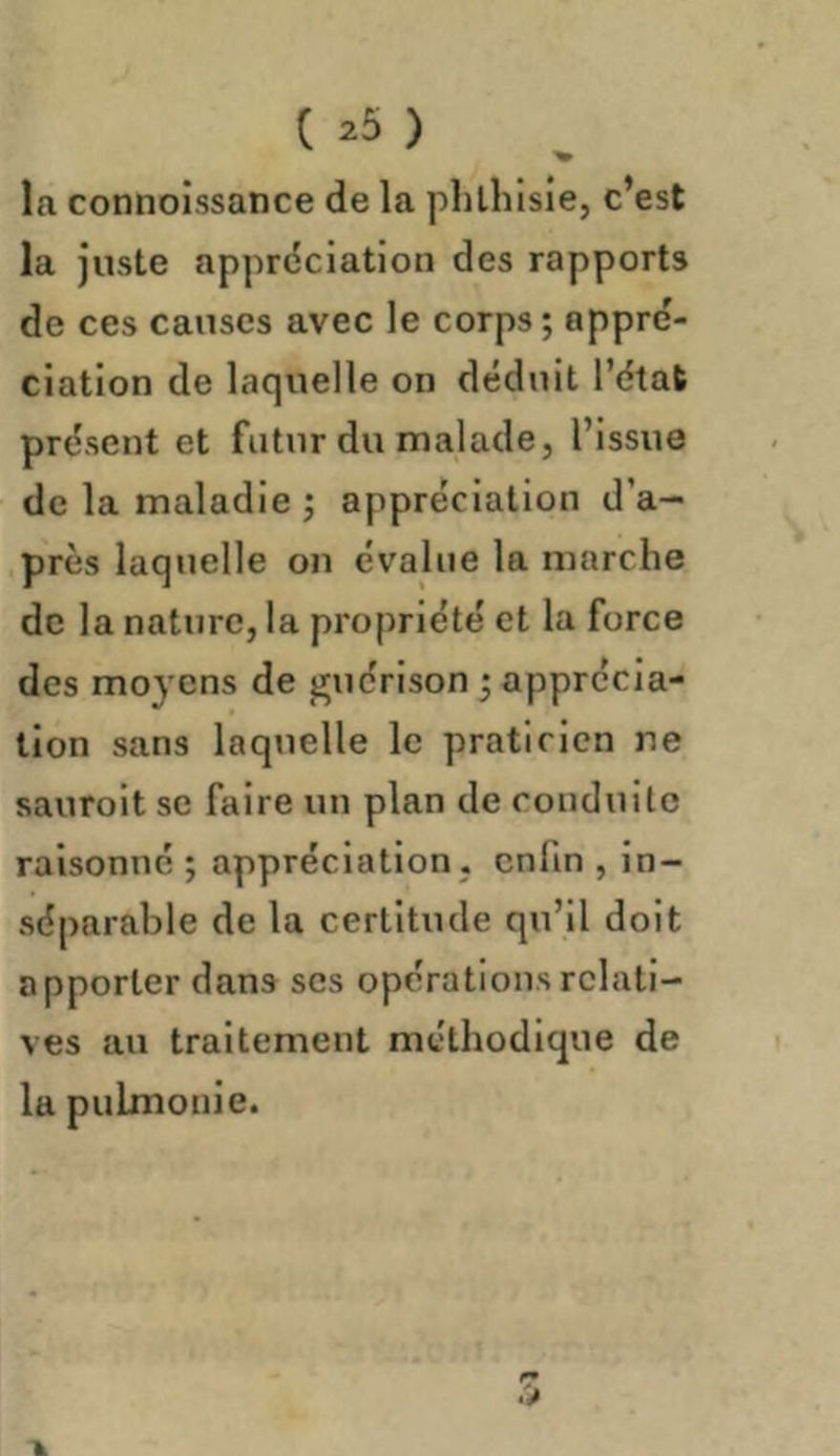 la connoissance de la phthisie, c’est la Juste appréciation des rapports de ces causes avec le corps ; appré- ciation de laquelle on déduit l’état présent et futur du malade, l’issue de la maladie ; appréciation d’a- près laquelle on évalue la marche de la nature, la propriété et la force des moyens de guérison -, apprécia- tion sans laquelle le praticien ne saurolt se faire un plan de conduite raisonné ; appréciation, enfin , in- séparable de la certitude qu’il doit apporter dans scs opérations relati- ves au traitement méthodique de la pulmonie.