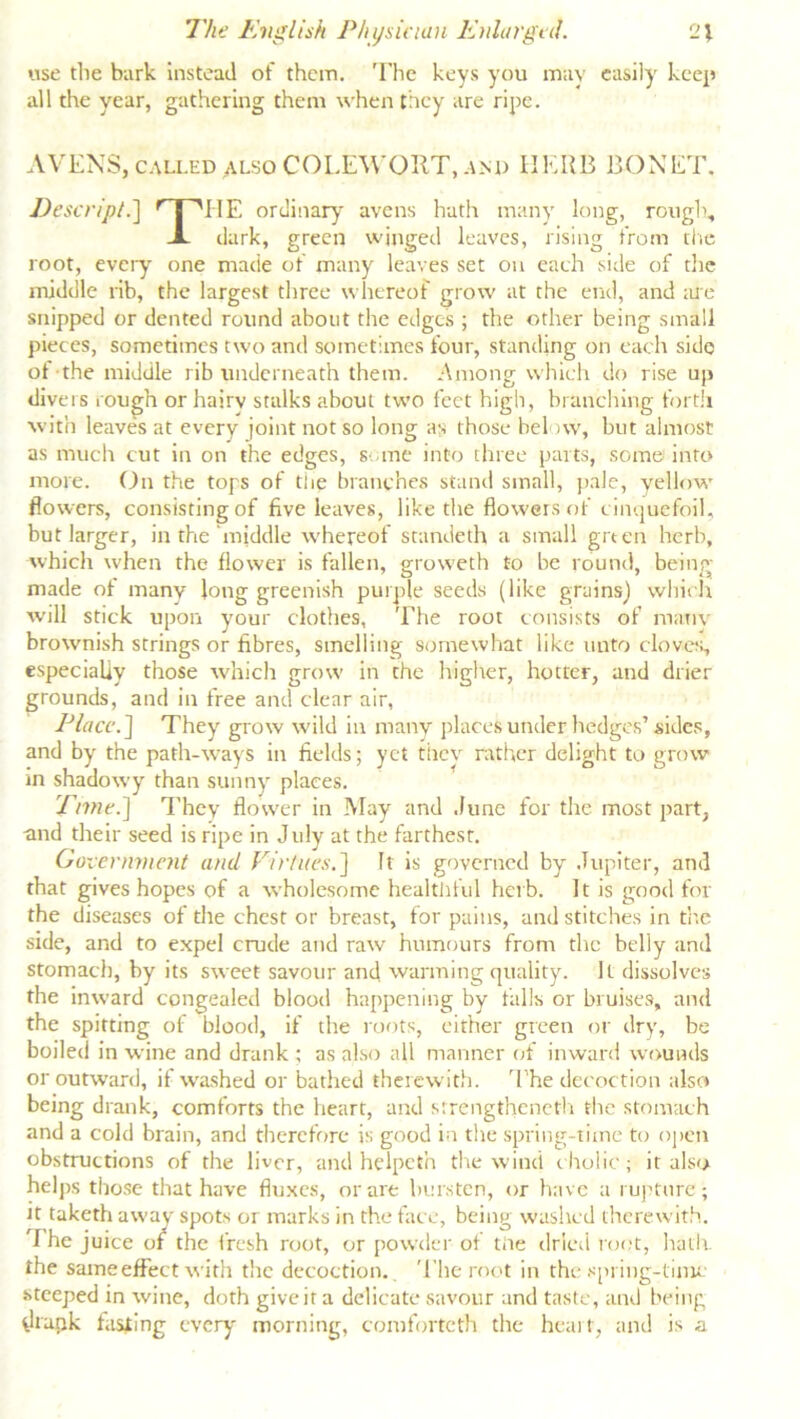 use the bark instead of them. The keys you may easily keep all the year, gathering them when they are ripe. AVENS, called also COLEWORT, and HERB BONET. Descript.] r I ’'I lE ordinary avens hath many long, rough, X dark, green wijiged leaves, rising from the root, every one made of many leaves set on each side of die middle rib, the largest three whereof grow at the end, and lire snipped or dented round about the edges ; the other being small pieces, sometimes two and sometimes four, standing on each side ot -the middle rib underneath them. Among which do rise up divers rough or hairv stalks about two feet high, branching forth with leaves at every joint not so long as those below, but almost as much cut in on the edges, some into three parts, some into more. On the tops of the branches stand small, pale, yellow flowers, consisting of five leaves, like the flowers of cinquefoil, but larger, in the'middle whereof standeth a small grten herb, which when the flower is fallen, groweth to be round, being- made of many long greenish purple seeds (like grains) which will stick upon your clothes, The root consists of many brownish strings or fibres, smelling somewhat like unto cloves, especially those which grow in the higher, hotter, and drier grounds, and in free and clear air, Place.] They grow wild in many places under hedges’sides, and by the path-ways in fields; yet thev rather delight to grow in shadowy than sunny places. Time.] They flower in May and dune for the most part, -and their seed is ripe in July at the farthest. Go vernment and Virtues.] ft is governed by Jupiter, and that gives hopes of a wholesome healthful herb. It is good for the diseases of die chest or breast, for pains, and stitches in the side, and to expel crude and raw humours from the belly and stomach, by its sweet savour and warming quality. It dissolves the inward congealed blood happening by falls or bruises, and the spitting of blood, if the roots, either green or dry, be boiled in wine and drank ; as also all manner of inward wounds or outward, if washed or bathed therewith. The decoction also being drank, comforts the heart, and strengthened! the stomach and a cold brain, and therefore is good in the spring-time to open obstructions of the liver, and helpcth the wind cholic; it also helps those that have fluxes, or are bursten, or have a rupture* it taketh away spots or marks in the face, being washed therewith, f he juice of the fresh root, or powder ot tiie dried root, hath, the same effect with the decoction. The root in the spring-time steeped in wine, doth give it a delicate savour and taste, and being dtapk fasting every morning, comforteth the heart, and is a