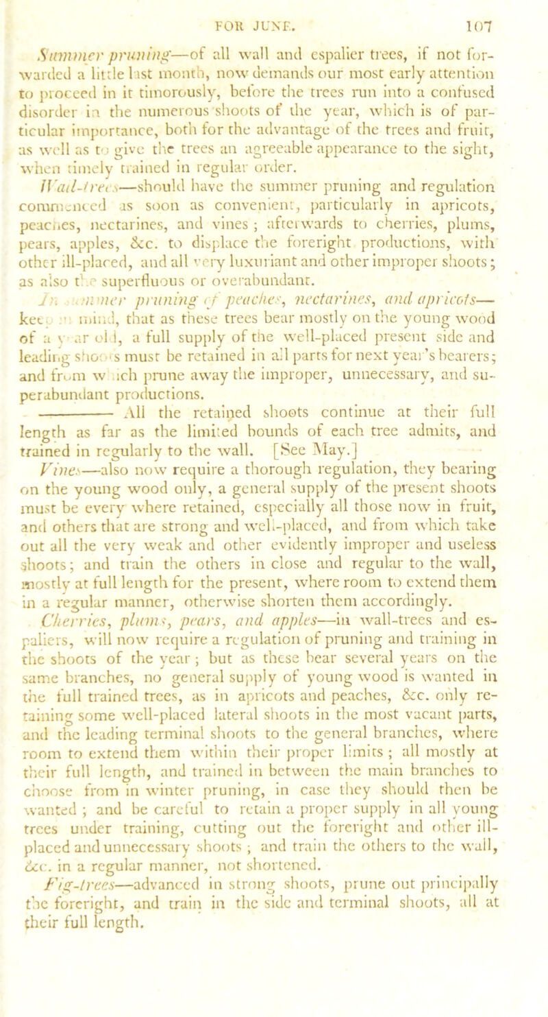 Summer pruning'—of all wall and espalier trees, if not for- warded a little l ist month, now demands our most early attention to proceed in it timorously, before the trees run into a confused disorder in the numerous shoots of the year, which is of par- ticular importance, both for the advantage of the trees and fruit, as well as to give the trees an agreeable appearance to the sight, when timely trained in regular order. IVail-treis—should have the summer pruning and regulation commenced as soon as convenient, particularly in apricots, peaciies, nectarines, and vines ; afterwards to cherries, plums, pears, apples, <kc. to displace the foreright productions, with other ill-placed, and all very luxuriant and other improper shoots; as also the superfluous or overabundant. Jr. ;nwer pruning rf peaches, nectarines, and apricots— kec mind, that as these trees bear mostly on the young wood of a y ar old, a full supply of the well-placed present side and leading she 'smust be retained in all parts for next year’s bearers; and fr^m w :ch prune away the improper, unnecessary, and su- perabundant productions. All the retained shoots continue at their full length as far as the limited bounds of each tree admits, and trained in regularly to the wall. [See May.] Vines—also now require a thorough regulation, they bearing on the young wood only, a general supply of the present shoots must be every where retained, especially all those now in fruit, and others that are strong and weli-placed, and from which take out all the very weak and other evidently improper and useless shoots; and train the others inclose and regular to the wall, mostly at full length for the present, wdaere room to extend them in a regular manner, otherwise shorten them accordingly. Cherries, plum-', pears, and apples—in wall-trees and es- paliers, will now require a regulation of pruning and training in the shoots of the year; but as these bear several years on the same branches, no general supply of young wood is wanted in the full trained trees, as in apricots and peaches, &c. only re- taining some well-placed lateral shoots in the most vacant parts, and the leading terminal shoots to the general branches, where room to extend them within their proper limits ; all mostly at their full length, and trained in between the main branches to choose from in winter pruning, in case they should then be wanted ; and be careful to retain a proper supply in all young trees under training, cutting out the foreright and other ill- placed and unnecessary shoots ; and train the others to the wall, 6ce. in a regular manner, not shortened. Fig-trees—advanced in strong shoots, prune out principally the forcright, and train in the side and terminal shoots, all at their full length.