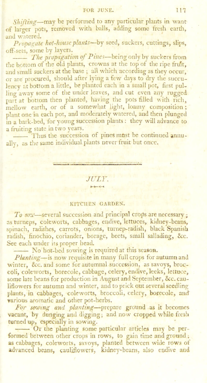 Shifting—may be performed to any particular plants in want of larger pots, removed with balls, adding some fresh earth, and watered. Propagate hot-houseplants—by seed, suckers, cuttings, slips, off-sets, some by layers. The propagation of Pines—being only by suckers from the bottom of the old plants, crowns at the top of the ripe fruit, and small suckers at the base ; all which according as they occur, or are procured, should after lying a few days to dry the succu- lency at bottom a little, be planted each in a small pot, first pul- ling away some of the under leaves, and cut even any rugged part at bottom then planted, having the pots filled with rich, mellow earth, or of a somewhat light, loamy composition; plant one in each pot, and moderately watered, and then plunged in a bark-bed, for young succession plants : they will advance to a fruiting state in two years. Thus the succession of pines mast be continued annu- ally, as the same individual plants never fruit but once. JULY. KITCHEN GARDEN. To son'—several succession and principal crops are necessary; as turneps, coleworts, cabbages, endive, lettuces, kidney-beans, spinach, radishes, carrots, onions, turnep-radish, black Spanish radish, finochio, coriander, borage, beets, small sallading, &c. See each under its proper head. No hot-bed sowing is required at this season. Planting—is now requisite in many full crops for autumn and winter, &c. and some for autumnal succession, as savoys, broc- coli, coleworts, borecole, cabbage, celery, endive, leeks, lettuce, some late beans for production in August and September, &c. cau- liflowers for autumn and winter, and to prick out several seedling plants, in cabbages, coleworts, broccoli, celery, borecole, and various aromatic and other pot-herbs. For sowing and planting—prepare ground as it becomes vacant, by dunging and digging; and now cropped while fresh turned up, especially in sowing. Or the planting some particular articles may be per- formed between other crops in rows, to gain time and ground ; as cabbages, coleworts, savoys, planted between wide rows ot advanced beans, cauliflowers, kidney-beans, also endive and