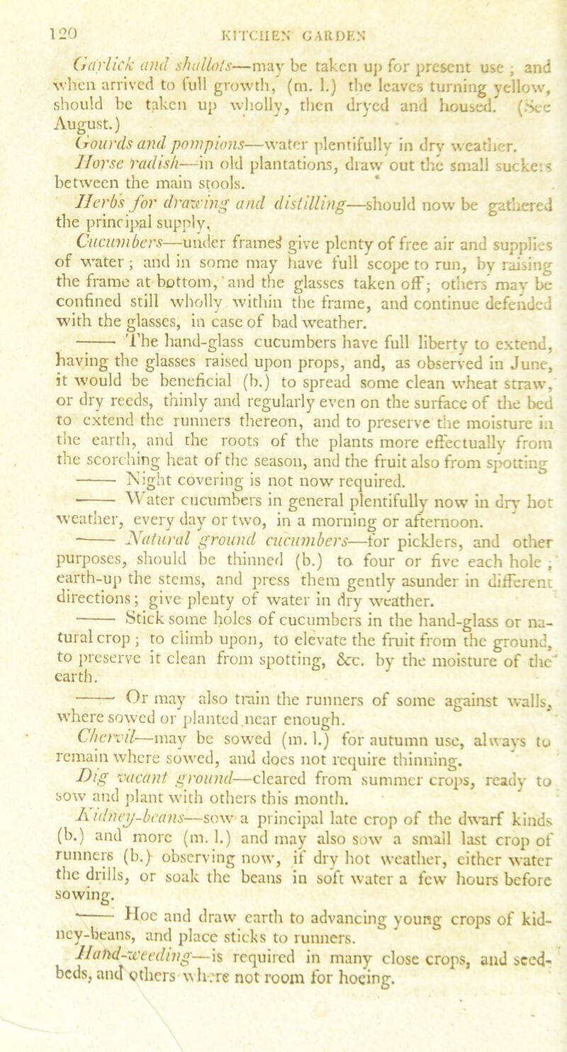 Ga'rlick and shallots—may be taken up for present use , and when arrived to full growth, (m. 1.) the leaves turning yellow, should be taken up wholly, then drved and housed. (See August.) Gourds and pompions—water plentifully in drv weather. Norse radish—in old plantations, draw out the small suckets between the main stools. Herbs for drawing and distilling—should now be gathered the principal supply, Cucumbers—under framed give plenty of free air and supplies of water ; and in some may have full scope to run, by raising the frame at bottomland the glasses taken off; others may be confined still wholly within the frame, and continue defended with the glasses, in case of bad weather. The hand-glass cucumbers have full liberty to extend, having the glasses raised upon props, and, as observed in June, it would be beneficial (b.) to spread some clean wheat straw, or dry reeds, thinly and regularly even on the surface of the bed to extend the runners thereon, and to preserve the moisture in the earth, and the roots of the plants more effectually from the scorching heat of the season, and the fruit also from spotting Night covering is not now required. ■ VV ater cucumbers in general plentifully now in dry hot weather, every day or two, in a morning or afternoon. Natural ground cucumbers—tor picklers, and other purposes, should be thinned (b.) to four or five each hole ; earth-up the stems, and press them gently asunder in different directions; give plenty of water in dry weather. • Stick some holes of cucumbers in the hand-glass or na- tural crop ; to climb upon, to elevate the fruit from the ground, to preserve it clean from spotting, &c. by the moisture of the' earth. Or may also train the runners of some against walls, where sowed or planted .near enough. Chervil—may be sowed (m. 1.) for autumn use, always to remain where sowed, and does not require thinning. Nig vacant ground—cleared from summer crops, ready to sow and plant with others this month. Aidney-bcans—sow a principal late crop of the dwarf kinds (b.) and more (m. 1.) and may also sow a small last crop of runners (b.) observing now, if dry hot weather, either water the drills, or soak the beans in soft water a few hours before sowing. * Hoc and draw earth to advancing young crops of kid- ney-beans, and place sticks to runners. Hand-weeding—is required in many close crops, and seed- beds, and others where not room for hoeing.