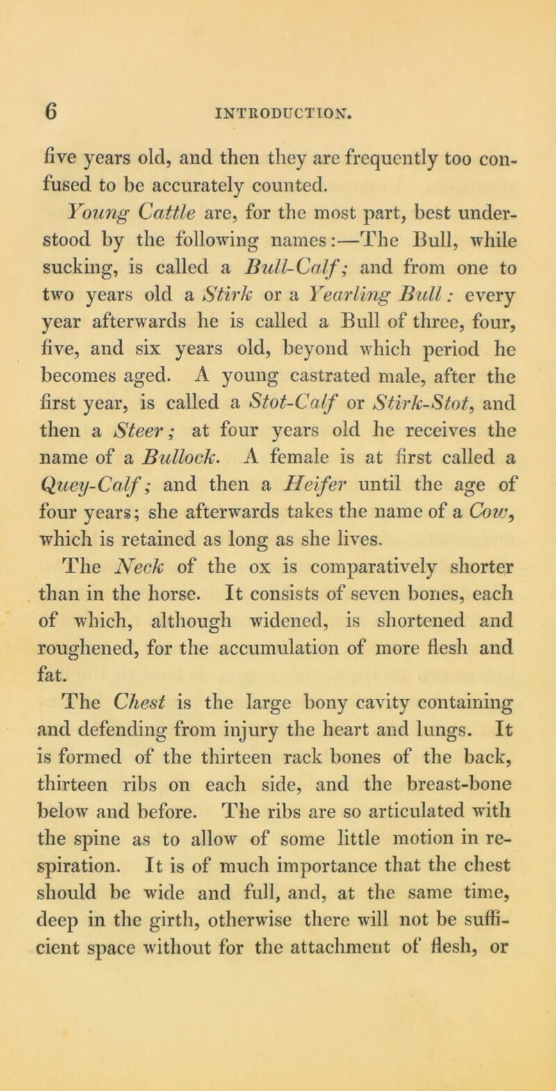 five years old, and then they are frequently too con- fused to be accurately counted. Young Cattle are, for the most part, best under- stood by the following names:—The Bull, while sucking, is called a Bull-Calf; and from one to two years old a Stirk or a Yearling Bull: every year afterwards he is called a Bull of three, four, five, and six years old, beyond which period he becomes aged. A young castrated male, after the first year, is called a Stot-Ca/f or Stirk-Stot, and then a Steer; at four years old he receives the name of a Bullock. A female is at first called a Quey-Calf; and then a Heifer until the age of four years; she afterwards takes the name of a Cow, which is retained as long as she lives. The Neck of the ox is comparatively shorter than in the horse. It consists of seven bones, each of which, although widened, is shortened and roughened, for the accumulation of more flesh and fat. The Chest is the large bony cavity containing and defending from injury the heart and lungs. It is formed of the thirteen rack bones of the back, thirteen ribs on each side, and the breast-bone below and before. The ribs are so articulated with the spine as to allow of some little motion in re- spiration. It is of much importance that the chest should be wide and full, and, at the same time, deep in the girth, otherwise there will not be suffi- cient space without for the attachment of flesh, or