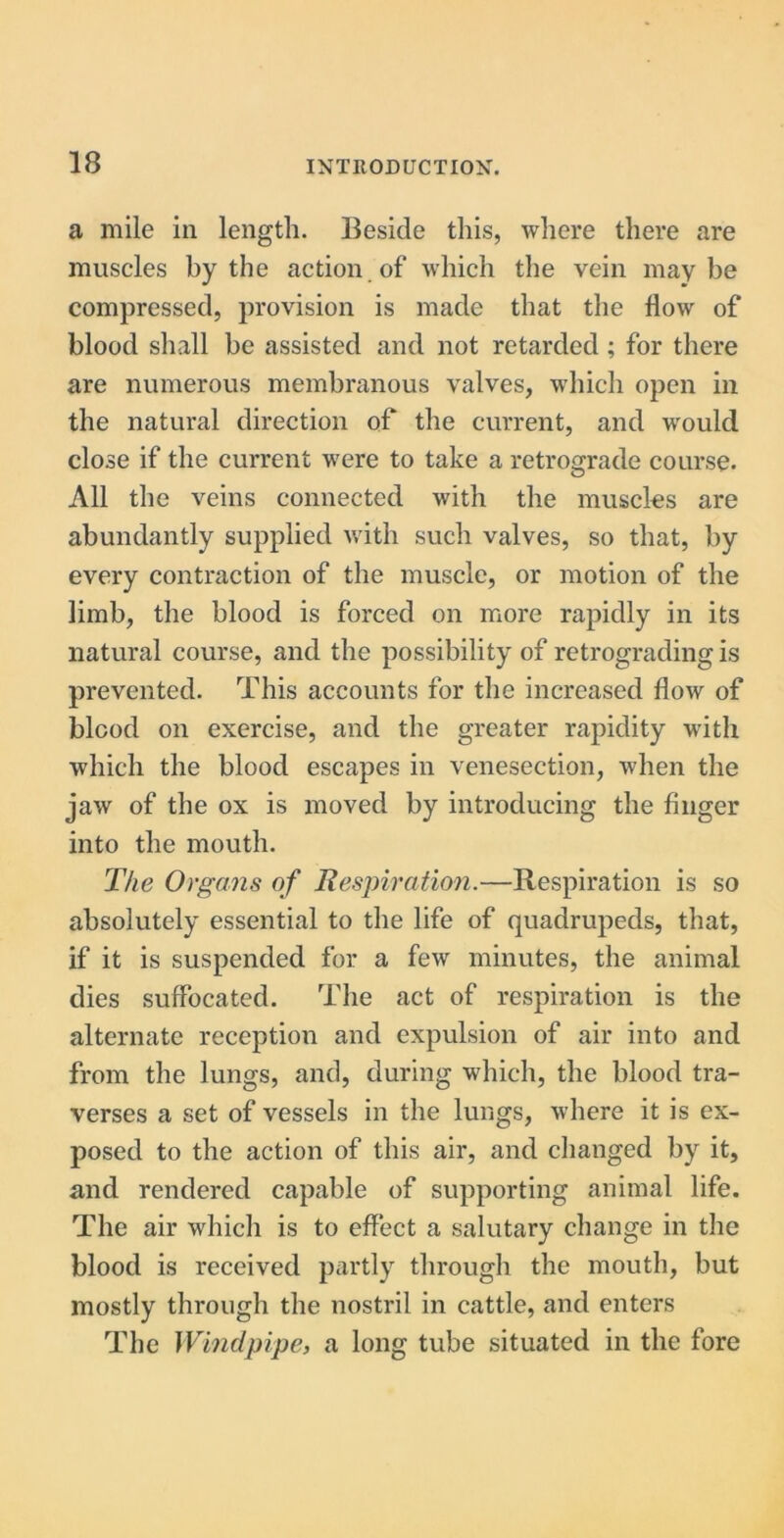 a mile in length. Beside this, where there are muscles by the action of which the vein maybe compressed, provision is made that the flow of blood shall be assisted and not retarded ; for there are numerous membranous valves, which open in the natural direction of the current, and would close if the current were to take a retrograde course- All the veins connected with the muscles are abundantly supplied with such valves, so that, by every contraction of the muscle, or motion of the limb, the blood is forced on more rapidly in its natural course, and the possibility of retrograding is prevented. This accounts for the increased flow of blood on exercise, and the greater rapidity with which the blood escapes in venesection, when the jaw of the ox is moved by introducing the finger into the mouth. The Organs of Respiration.—Respiration is so absolutely essential to the life of quadrupeds, that, if it is suspended for a few minutes, the animal dies suffocated. The act of respiration is the alternate reception and expulsion of air into and from the lungs, and, during which, the blood tra- verses a set of vessels in the lungs, where it is ex- posed to the action of this air, and changed by it, and rendered capable of supporting animal life. The air which is to effect a salutary change in the blood is received partly through the mouth, but mostly through the nostril in cattle, and enters The Windpipe, a long tube situated in the fore