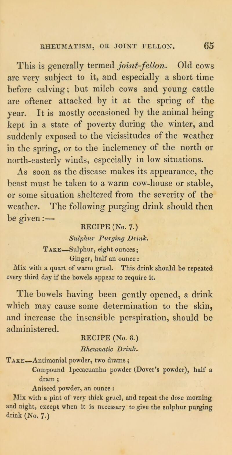This is generally termed joint-fellon. Old cows are very subject to it, and especially a short time before calving; but milch cows and young cattle are oftener attacked by it at the spring of the year. It is mostly occasioned by the animal being kept in a state of poverty during the winter, and suddenly exposed to the vicissitudes of the weather in the spring, or to the inclemency of the north or north-easterly winds, especially in low situations. As soon as the disease makes its appearance, the beast must be taken to a warm cow-house or stable, or some situation sheltered from the severity of the weather. The following purging drink should then be given:— RECIPE (No. 7-) Sulphur Purging Drink. Take—Sulphur, eight ounces; Ginger, half an ounce : Mix with a quart of warm gruel. This drink should be repeated every third day if the bowels appear to require it. The bowels having been gently opened, a drink which may cause some determination to the skin, and increase the insensible perspiration, should be administered. RECIPE (No. 8.) Rheumatic Drink. Take—Antimonial powder, two drams; Compound Ipecacuanha powder (Dover’s powder), half a dram ; Aniseed powder, an ounce : Mix with a pint of very thick gruel, and repeat the dose morning and night, except when it is necessary to give the sulphur purging drink (No. 7.)