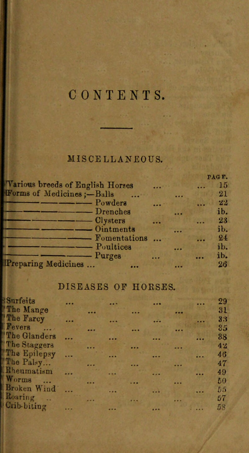 CONTENTS MISCELLANEOUS. 'Varicms breeds of English Horses IForxns of Medicines;—Bdlls Powders Drenches Clysters Ointments Fomentations ... ' — Poultices Purges IPreparing Medicines ... DISEASES OP HORSES. JSnrfeits I'The Mange 'The Farcy i Fevers The Glanders ... ' The Staggers The Epilepsy TThe Palsy... i-Rheumatism ' Worms ‘ Broken Wind ... Roaring 'Crib-biting PAO F. 15 21 22 ib. 23 ib. £4 ib. ib. 26 29 31 3.3 35 38 42 46 47 49 60 6.0 67 5S