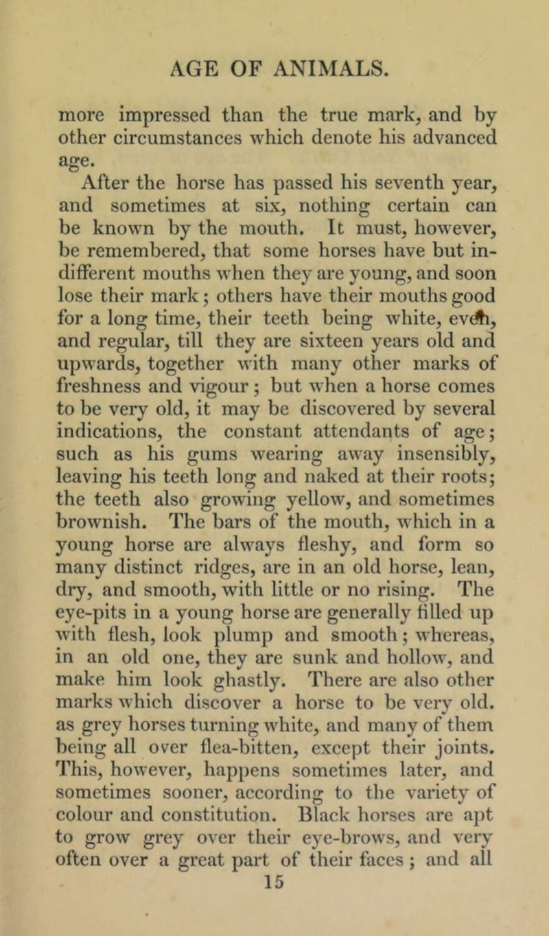 more impressed than the true mark, and by other circumstances which denote his advanced age. After the horse has passed his seventh year, and sometimes at six, nothing certain can be known by the mouth. It must, however, be remembered, that some horses have but in- different mouths when they are young, and soon lose their mark; others have their mouths good for a long time, their teeth being white, ev(^, and regular, till they are sixteen years old and upwards, together with many other marks of freshness and vigour; but when a horse comes to be very old, it may be discovered by several indications, the constant attendants of age; such as his gums wearing away insensibly, leaving his teeth long and naked at their roots; the teeth also growing yellow, and sometimes brownish. The bars of the mouth, which in a young horse are always fleshy, and form so many distinct ridges, are in an old horse, lean, dry, and smooth, with little or no rising. The eye-pits in a young horse are generally filled up with flesh, look plump and smooth; whereas, in an old one, they are sunk and hollow, and make him look ghastly. There are also other marks Avhich discover a horse to be verv old. as grey horses turning white, and many of them being all over flea-bitten, except their joints. This, however, happens sometimes later, and sometimes sooner, according to the variety of colour and constitution. Black horses are apt to grow grey over their eye-brows, and very often over a great part of their faces; and all