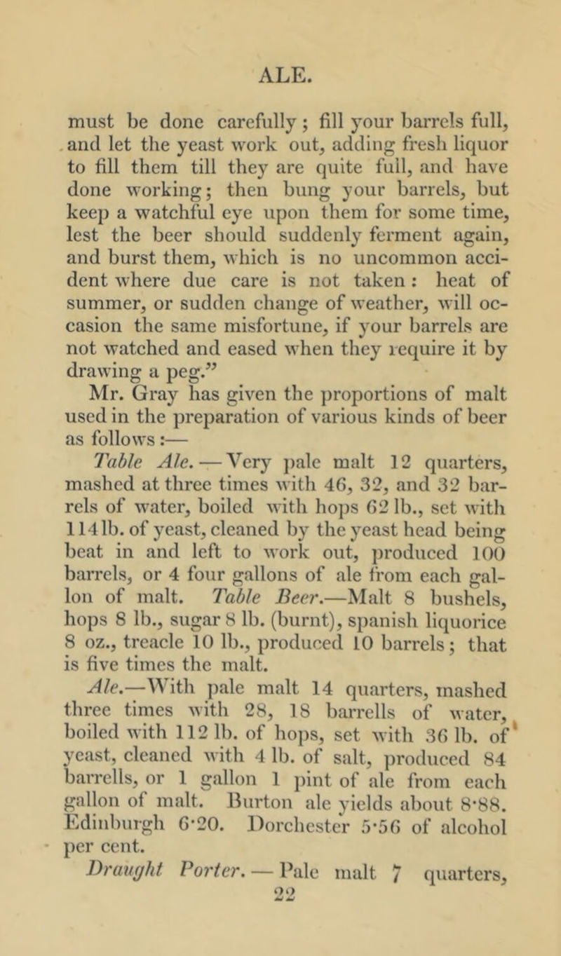 must be done carefully; fill your barrels full, .and let the yeast work out, adding fresh liquor to fill them till they are quite full, and have done working; then bung your barrels, but keej) a watchful eye upon them for some time, lest the beer should suddenly ferment again, and burst them, which is no uncommon acci- dent where due care is not taken : heat of summer, or sudden change of weather, will oc- casion the same misfortune, if your barrels are not watched and eased when they require it by drawing a peg.” Mr. Gray has given the ])roportions of malt used in the preparation of various kinds of beer as follows:— Table Ale.—Very ])ale malt 12 quarters, mashed at three times with 46, 32, and 32 bar- rels of water, boiled with ho])S 62 lb., set with 114 lb. of yeast, cleaned by the yeast head being beat in and left to work out, jmoduced 100 barrels, or 4 four gallons of ale from each gal- lon of malt. Table Beer.—Malt 8 bushels, hops 8 lb., sugar 8 lb. (burnt), Spanish liquorice 8 oz., treacle 10 lb., produced 10 barrels; that is five times the malt. Ale.—With pale malt 14 quarters, mashed three times with 28, 18 barrclls of water, boiled with 112 lb. of ho])s, set with 36 lb. of‘ yeast, cleaned with 4 lb. of salt, produced 84 barrclls, or 1 gallon 1 j)int of ale from each gallon of malt. Burton ale yields about 8-88. Edinburgh 6*20. Dorchester 5-56 of alcohol • per cent.