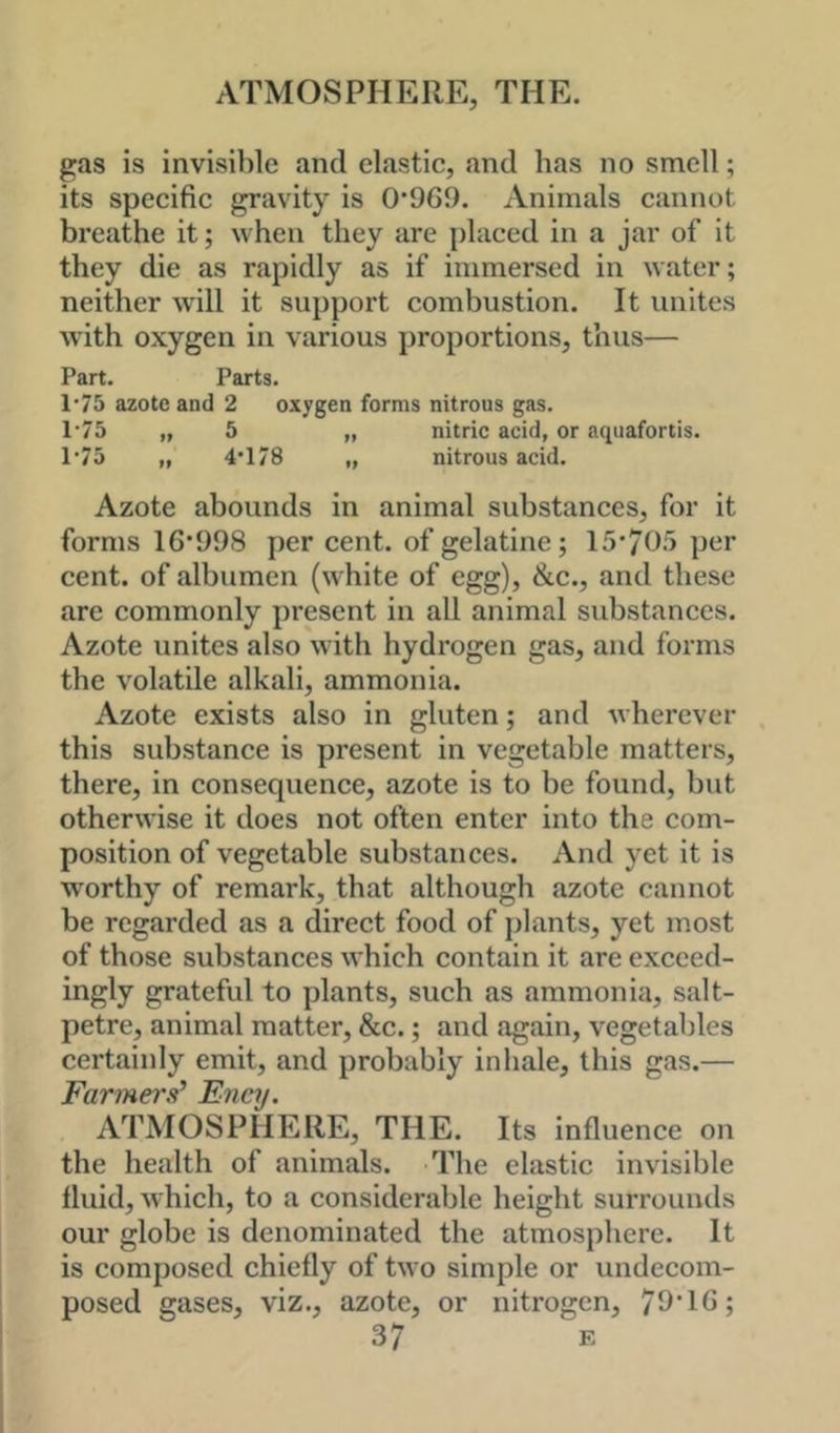 gas is invisible and elastic, and has no smell; its specific gravity is 0’969. Animals cannot breathe it; when they are placed in a jar of it they die as rapidly as if immersed in water; neither will it support combustion. It unites with oxygen in various proportions, thus— Part. Parts. 1*75 azote and 2 oxygen forms nitrous gas. 1'75 „ 5 „ nitric acid, or aquafortis. 1’75 „ 4’178 „ nitrous acid. Azote abounds in animal substances, for it forms 16’998 per cent, of gelatine; 15’70.') per cent, of albumen (white of egg), Slc., and these are commonly present in all animal substances. Azote unites also with hydrogen gas, and forms the volatile alkali, ammonia. Azote exists also in gluten; and wherever , this substance is present in vegetable matters, there, in consequence, azote is to be found, but otherwise it does not often enter into the com- position of vegetable substances. And yet it is worthy of remark, that although azote cannot be regarded as a direct food of plants, yet most of those substances which contain it are e.xceed- ingly grateful to plants, such as ammonia, salt- petre, animal matter, &c.; and again, vegetables certainly emit, and probably inhale, this gas.— Farmers* Ency. ATMOSPHERE, THE. Its influence on the health of animals. The elastic invisible fluid, which, to a considerable height surrounds our globe is denominated the atmosphere. It is composed chiefly of two simple or undecom- posed gases, viz., azote, or nitrogen, 79'IG;