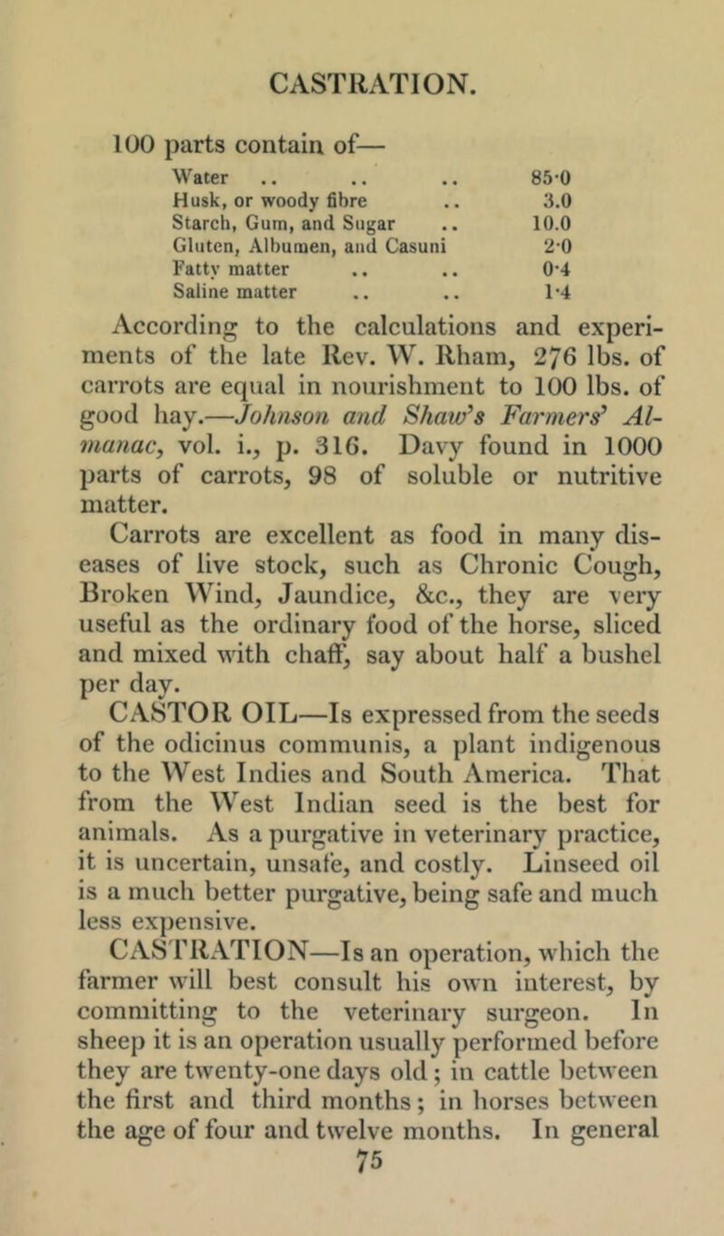 100 parts contain of— Water 85-0 Husk, or woody fibre 3.0 Starch, Gum, and Sugar 10.0 Gluten, Albumen, and Casuni 20 Fatty matter 0-4 Saline matter 1-4 According to the calculations and experi- ments of the late Rev. W. Ilham, 276 lbs. of carrots are equal in nourishment to 100 lbs. of good hay.—Johmon and Shaw’s Farmers’ Al- manac, vol. i., p. 316. Davy found in 1000 parts of carrots, 98 of soluble or nutritive matter. Carrots are excellent as food in many dis- eases of live stock, such as Chronic Cough, Broken Wind, Jaundice, &c., they are veiy useful as the ordinary food of the horse, sliced and mixed with chaff, say about half a bushel per day. CASTOR OIL—Is expressed from the seeds of the odicinus communis, a plant indigenous to the West Indies and South America. That from the West Indian seed is the best for animals. As a purgative in veterinary practice, it is uncertain, unsafe, and costly. Linseed oil is a much better purgative, being safe and much less expensive. CASTRATION—Is an operation, which the farmer will best consult his own interest, by committing to the veterinary surgeon. In sheep it is an operation usually performed before they are twenty-one days old; in cattle between the first and third months; in horses between the age of four and twelve months. In general