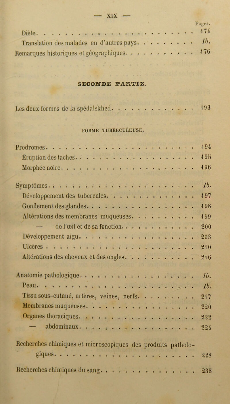 Diéte 4 7 4 Translation des malades cn d’autrespays lb. Remarques historiques et géographiqucs 476 SECOWJDZ PAHTI2. Les deux formes do la spédalskhed 103 FORME TUBERCULEUSE. Prodromes 4 94 Éruplion des taches. 495 Morphéenoire 4 96 Symptomes Ib. Développement des tubercules 4 97 Gonflement des glandes W . 4 98 Altérations des membranes muqueuses 4 99 — de 1’ceil et de sa fonction 200 Développement aigu 203 Ulcéres 210 Altérations des cheveux et des ongles 24 6 Anatomie palhologique lb. Peau ib. Tissu sous-cutané, artéres, veines, nerfs 247 Membranes muqueuses 220 Organes thoraciques 222 — abdominaux. , . . 224 Recherches chimiques et microscopiques des produits palholo- giques 228 Recherches chimiques du sang 238