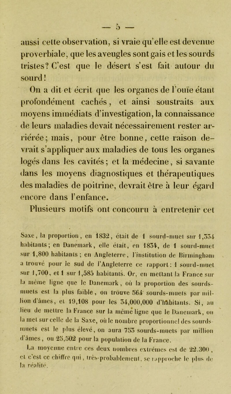 aussi celte observation, si vraie qu elle est devenue proverbiale, que les aveugles sont gais et les sourds tristes? C’est que le désert s’est fait autour du sourd ! On a dit et écrit que les organes de l’ouïe étant profondément cachés, et ainsi soustraits aux moyens immédiats d’investigation, la connaissance de leurs maladies devait nécessairement rester ar- riérée; mais, pour être bonne, celle raison de- vrait s’appliquer aux maladies de tous les organes logés dans les cavités; et la médecine, si savante dans les moyens diagnostiques et thérapeutiques des maladies de poitrine, devrait être à leur égard encore dans l’enfance. Plusieurs motifs ont concouru à entretenir cet Saxe, la proportion, en i83*2, était de 1 sourd-muet sur 1,334 habitants; en Danemark, elle était, en 1834, de 1 sourd-muet sur 1,800 habitants; en Angleterre, l'institution de Birmingham a trouvé pour le sud de l’Angleterre ce rapport: 1 sourd-muet sur 1,700, et I sur 1,585 habitants. Or, en mettant la France sur la même ligne que le Danemark, où la proportion des sourds- muets est la plus faible, on trouve 364 sourds-muets par mil- lion dames, et 19,108 pour les 54,000,000 d'habitants. Si, au heu de mettre la France sur la meme ligne que le Danemark, on la met sur celle de la Saxe, où le nombre proportionnel des sourds muets est le plus élevé, on aura 735 sourds-muets par million d’âmes, ou 23,302 pour la population de la France. La moyenne entre ces deux nombres extrêmes est de 22.300 , et c est ce chiffre qui, très-probablement, se rapproche le plus de la réalité.