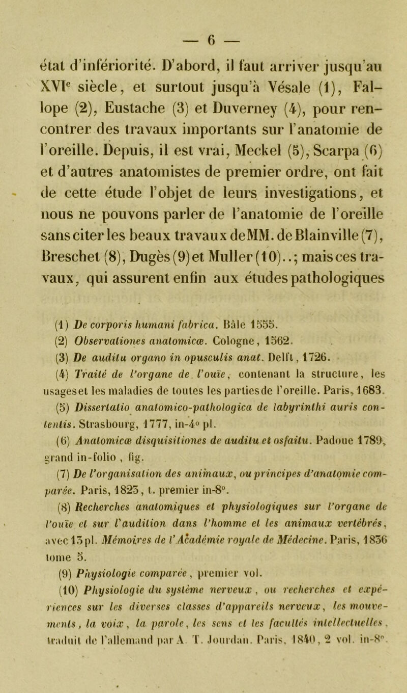 état d’infériorité. D’abord, il faut arriver jusqu’au XVIe siècle, et surtout jusqu’à Vésale (1), Fal- lope (2), Euslache (3) et Duverney (4), pour ren- contrer des travaux importants sur l’anatomie de l’oreille. Depuis, il est vrai, Meckel (5),Searpa (6) et d’autres anatomistes de premier ordre, ont fait de cette étude l’objet de leurs investigations, et nous ne pouvons parler de l’anatomie de l’oreille sans citer les beaux travaux deMM. deBlainville(7), Breschet (8), Dugès (9) et Muller (10)..; mais ces tra- vaux, qui assurent enfin aux études pathologiques (1) De corporis humani fabrica. Bâle 1555. (2) Observaliones nnalomicœ. Cologne, 1562. (3) De auditu organo in opusculis anat. Délit, 1726. (4) Traité de l’organe de l’ouïe, contenant la structure, les usageset les maladies de toutes les parliesde l’oreille. Paris, 1683, (5) Disserlalio analomico-palhologica de labyrinthi auris con- tenus. Strasbourg, 1777, in-4° pi. (6) Analomicœ disquisitioncs de audilu et osfaitu. Padoue 1789, grand in-folio , lig. (7) De l’organisation des animaux, ou principes d’anatomie com- parée. Paris, 1825, t. premier in-8°. (8) Recherches anatomiques et physiologiques sur l’organe de l’ouïe cl sur l'audition dans l’homme et les animaux vertébrés, avec 15pl. Mémoires de l’Académie royale de Médecine. Paris, 1836 tome 5. (9) Physiologie comparée, premier vol. (10) Physiologie du système nerveux , ou recherches et expé- riences sur les diverses classes d’appareils nerveux, les mouve- ments, la voix, la parole, les sens cl les facultés intellectuelles, traduit de l'allemand par A T. Jourdan. Paris, 1840,2 vol. in-8°.