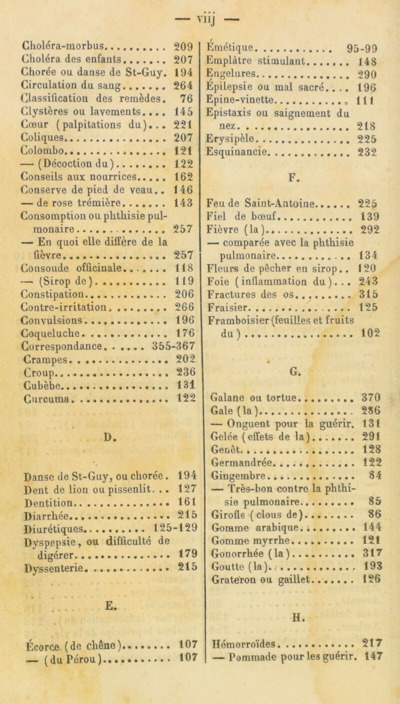 Choldra-morbus Cholera des enfants....... Choree ou daase de St-Guy. Circulation du sang Classification des remddes. Clysteres ou lavements.... Coeur (palpitations du)... Coliques Colombo —• (Decoction du)........ Conseils aux nourrices Conserve de pied de veau.. — de rose trdmidre Consomption ou plithisie pul- monaire — En quoi elle dilfere de la fievre Consoude officinale — (Sirop de) Constipation Contre-irritation. Convulsions Coqueluche Correspondance 355 Crampes Croup Cubebe Curcuma D. Danse de St-Guy, ou choree. Dent de lion oupissenlit. .. Dentition Diarrhee Diuretiques 125 Dyspepsie, ou difficulte de digdrer Dyssenterie E. Kmetique 95-99 Emplatre stimulant 148 Engelures 290 Epilepsie ou mal sacre.... 196 Epine-vinette 111 Epistaxis ou saignement du nez 218 Erysipele 225 Esquinancie 232 F. Feu de Saint-Aatoine 225 Fiel de boeuf 139 Fievre (la) 292 — comparee avec la phthisie pulmonaire 134 Fleurs de pecher en sirop.. 120 Foie (inflammation du)... 243 Fractures des os 315 Fraisier 125 Framboisier (feuilies et fruits du) 102 A G. Galane ou tortue 370 Gale (la).... 286 — Onguent pour la gudrir. 131 Gelee (elfets de la) 291 Gendt 128 Germandree 122 Gingembre 84 — Tres-bon contre la phthi- sie pulmonaire 85 Girofle (clous de) 86 Gorame arabique 144 Gomme myrrhe 121 Gonorrhde (la) 317 Goutte (la). 193 Gratgron ou gaillet 126 H. 209 207 194 264 76 145 221 207 121 122 162 146 143 257 257 118 119 206 266 196 176 ,-367 202 236 131 122 194 127 161 215 .-129 179 215 Ecorce (de cliene) — (du Perou).,., 107 107 Hemorroides 217 — Pommade pour les gudrir. 147