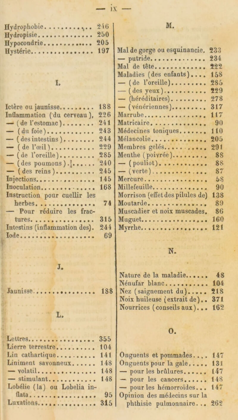 Hydrophobie Hydropisie.. Hypocondrie Hyst^rie..,. L Ictere ou jaunisse.. Inflammation (du cerveau ), — (de I’estomac) — (du foie) — (desintestins) — ( de I’oeil) — (de l’oreille) — (des poumons ).].,.. .. — ( des reins ) Injections Inoculation Instruction pour cuellir les herbes — Pour rdduire les frac- tures Intestins (inflammation des). lode J. Jaunisse L. Lettres Lierre terrestre.... Lin cathartique. ... Liniment savonneux — volatil — stimulant Lob61ie (la) ou Lobelia in- flata.., Luxations M. Mai de gorge ou esquinancie. 233 — putride 234 Mai de t§te 222 Maladies (des enfants).... 158 — (de l’oreille) 285 — (des yeux) 229 — (hdrdditaires) 278 — (veneriennes) 317 Marrube 117 Matricaire 90 Mddecines toniques 110 Melancolie 205 Membres geles 291 Menthe (poivree) 8S — (pouliot) 88 — (verte) 87 Mercure 58 Millefeuille 90 Morrison (effet des pilules de) 138 Moutarde 89 Muscadier et noix muscades. 86 Muguet 160 Myrrhe 121 N. Nature de la maladie 48 Nenufar blanc 104 Nez (saignement du) 218 Noix huileuse (extrait de).. 371 Nourrices (conseils aux)... 162 0. Onguents et pommades. ... 147 Onguents pour la gale,.... 131 — pour les brfllures 147 — pour les cancers 148 — pour les hemorro'ides... 147 Opinion des medecins sur la phthisie pulmonnaire. .. 262 246 250 205 197 188 226 241 243 244 229 285 240 245 145 168 74 315 244 69 188 355 104 141 148 148 148 95 315