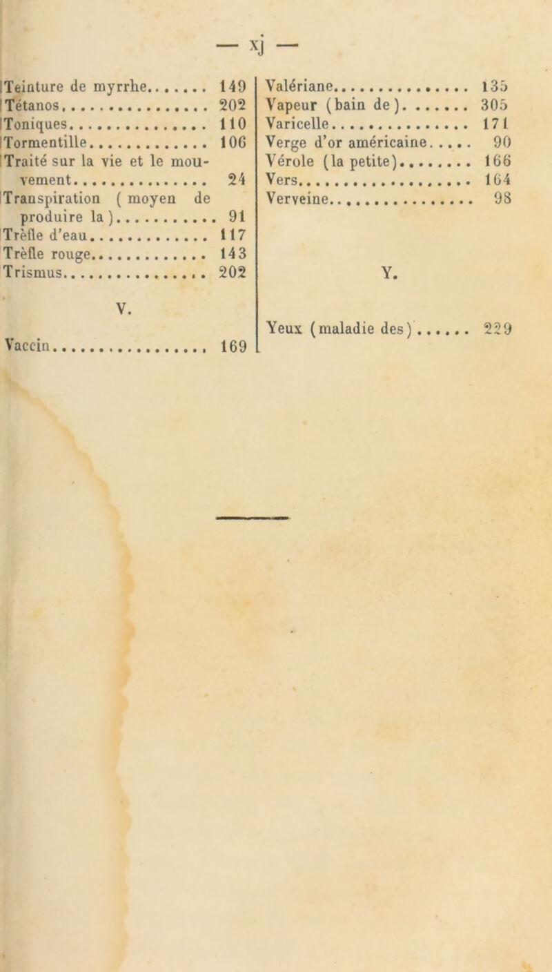 — XJ — ITeinture de myrrhe 149 'Tetanos 202 IToniques 110 ITormentille 10G Traitesur la vie et le mou- vement 24 ITrauspiration ( moyen de produire la ) 91 Trefle d’eau 117 Trefle rouge 143 Trismus 202 V. Vacein 169 Val4riane 135 Vapeur (bain de ) 305 Varicelle 171 Verge d’or americaiue 90 Verole (la petite) 166 Vers 164 Verveine 98 Y. Yeux (maladie des) 229