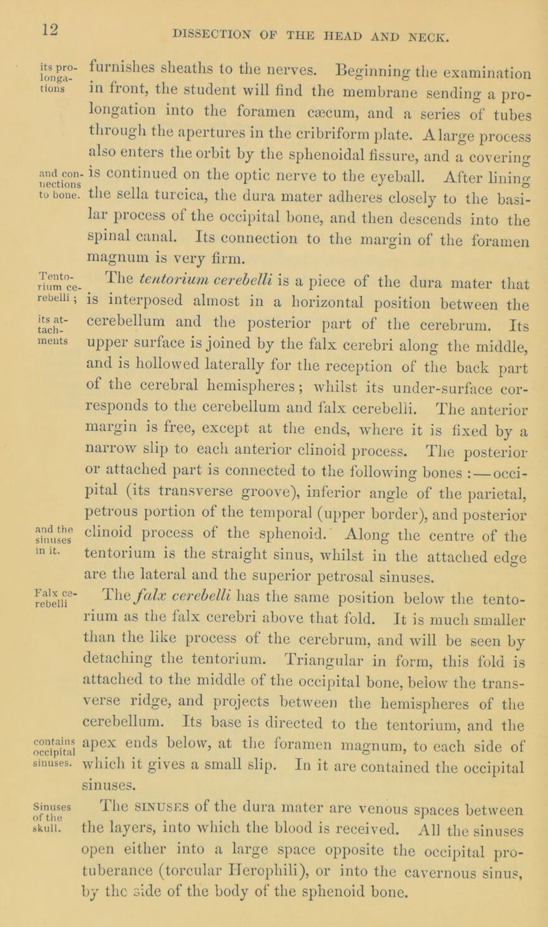 its pro- longa- tions and con- nections to bone. Tento- rium ce- rebelli ; its at- tach- ments and the sinuses in it. Falx ce- rebelli contains occipital sinuses. Sinuses of the skull. DISSECTION OF THE HEAD AND NECK. furnishes sheaths to the nerves. Beginning the examination in front, the student will find the membrane sending a pro- longation into the foramen cwecum, and a series of tubes through the apertures in the cribriform plate. A large process also enters the orbit by the sphenoidal fissure, and a covering is continued on the optic nerve to the eyeball. After lining the sella turcica, the dura mater adheres closely to the basi- lar process of the occipital bone, and then descends into the spinal canal. Its connection to the margin of the foramen magnum is very firm. The ¢entorium cerebelli is a piece of the dura mater that is interposed almost in a horizontal position between the cerebellum and the posterior part of the cerebrum. Its upper surface is joined by the falx cerebri along the middle, and is hollowed laterally for the reception of the back part of the cerebral hemispheres; whilst its under-surface cor- responds to the cerebellum and falx cerebelli. The anterior margin is free, except at the ends, where it is fixed by a narrow slip to each anterior clinoid process. The posterior or attached part is connected to the following bones :—occi- pital (its transverse groove), inferior angle of the parietal, petrous portion of the temporal (upper border), and posterior clinoid process of the sphenoid. Along the centre of the tentorium is the straight sinus, whilst in the attached edge are the lateral and the superior petrosal sinuses. The falx cerebelli has the same position below the tento- rium as the falx cerebri above that fold. It is much smaller than the like process of the cerebrum, and will be seen by detaching the tentorium. Triangular in form, this fold is attached to the middle of the occipital bone, below the trans- verse ridge, and projects between the hemispheres of the cerebellum. Its base is directed to the tentorium, and the apex ends below, at the foramen magnum, to each side of which it gives a small slip. In it are contained the occipital sinuses. The sinuses of the dura mater are venous spaces between the layers, into which the blood is received. All the sinuses open either into a large space opposite the occipital pro- tuberance (torcular Herophili), or into the cavernous sinus, by the side of the body of the sphenoid bone,