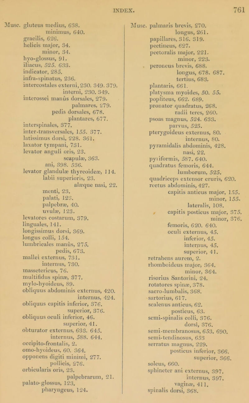 minimus, 640, gracilis, 626. helicis major, 34. minor, 34. hyo-glossus, 91. iliacus, 525, 633. indicator, 285. infra-spinatus, 236. intercostales externi, 230. 349. 379. interni, 230. 349. interossei mantis dorsales, 279. palmares, 279. pedis dorsales, 678. plantares, 677. interspinales, 377, inter-transversales, 155. 377. latissimus dorsi, 228. 361. laxator tympani, 731. levator anguli oris, 23. scapule, 363. ani, 398. 536. levator glandule thyreoidez, 114, labii superioris, 23. alaque nasi, 22. menti, 23, palati, 123. palpebre, 40. uvule, 123. levatores costarum, 379. linguales, 141. longissimus dorsi, 369. longus colli, 154. lumbricales mantis, 275, pedis, 673. mallei externus, 731. internus, 730. massetericus, 76. multifidus spine, 377. mylo-hyoideus, 89. obliquus abdominis externus, 420. internus, 424. obliquus capitis inferior, 376. superior, 376. obliquus oculi inferior, 46. superior, 41. obturator externus, 633. 645, internus, 588. 644, occipito-frontalis, 2. omo-hyoideus, 60. 364. opporens digiti minimi, 277. pollicis, 276. orbicularis oris, 23. palpebrarum, 21. palato- glossus, 123, pharyngeus, 124. Muse. 761 palmaris brevis, 270. longus, 261. papillares, 316. 319. pectineus, 627. pectoralis major, 221. minor, 223. peroneus brevis, 688. longus, 678. 687. tertius, 683. plantaris, 661. platysma myoides, 50. 55. popliteus, 662. 689. pronator quadratus, 268. radii teres, 260. psoas magnus, 524. 633. parvus, 525. pterygoideus externus, 80. | internus, 80. pyramidalis abdominis, 428. nasi, 22. pyiiformis, 587. 640. quadratus femoris, 644. lumborum, 525. quadriceps extensor cruris, 620. rectus abdominis, 427. capitis anticus major, 155. minor, 155. lateralis, 108. - capitis posticus major, 375. minor, 376. femoris, 620. 640. oculi externus, 45. inferior, 45. internus, 45. superior, 41. retrahens aurem, 2. rhomboideus major, 364. minor, 364. risorius Santorini, 24, rotatores spine, 378. sacro-lumbalis, 368. sartorius, 617. scalenus anticus, 62. posticus, 63. semi-spinalis colli, 376. dorsi, 376, semi-membranosus, 653. 690, semi-tendinosus, 653 serratus magnus, 229, posticus inferior, 366. superior, 366. soleus, 660. sphincter ani externus, 397. internus, 397, vagine, 411, spinalis dorsi, 368.