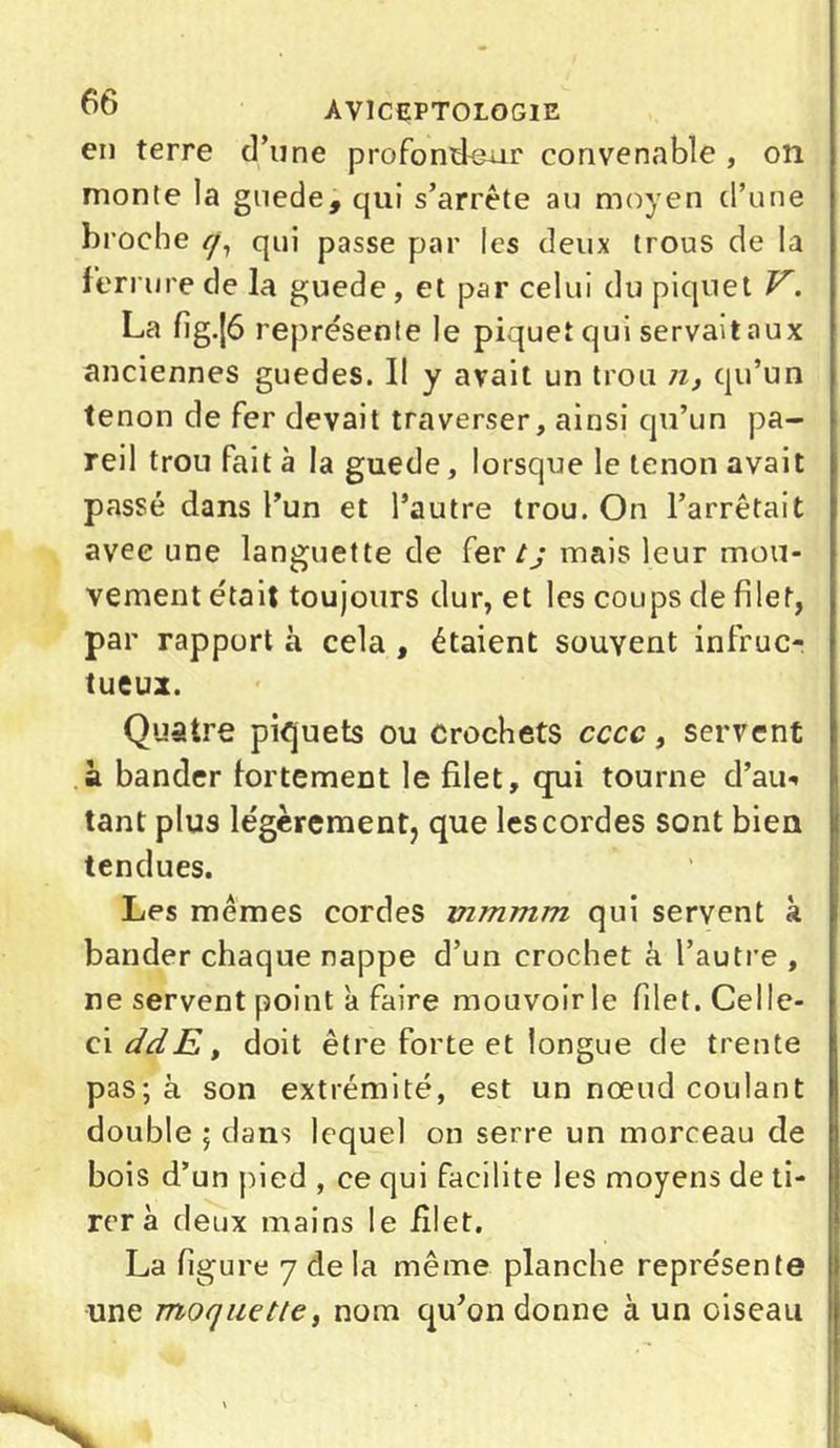 en terre d’une profondeur convenable , on monte la guede, qui s’arrête au moyen d’une broche y, qui passe par les deux trous de la ferrure de la guede , et par celui du piquet V. La fig.Jô représente le piquet qui servait aux anciennes guedes. Il y avait un trou n, qu’un tenon de fer devait traverser, ainsi qu’un pa- reil trou fait à la guede, lorsque le tenon avait passé dans l’un et l’autre trou. On l’arrêtait avec une languette de fer tj mais leur mou- vement était toujours dur, et les coups de filet, par rapport à cela , étaient souvent infruc- tueux. Quatre piquets ou Crochets cccc, servent à bander fortement le filet, qui tourne d’au-* tant plus légèrement, que les cordes sont bien tendues. Les mêmes cordes vimmm qui servent à bander chaque nappe d’un crochet à l’autre, ne servent point a faire mouvoir le filet. Celle- ci ddE, doit être forte et longue de trente pas; à son extrémité, est un nœud coulant double ; dans lequel on serre un morceau de bois d’un pied , ce qui facilite les moyens de ti- rer à deux mains le filet. La figure 7 de la même planche représente line moquette, nom qu’on donne à un oiseau