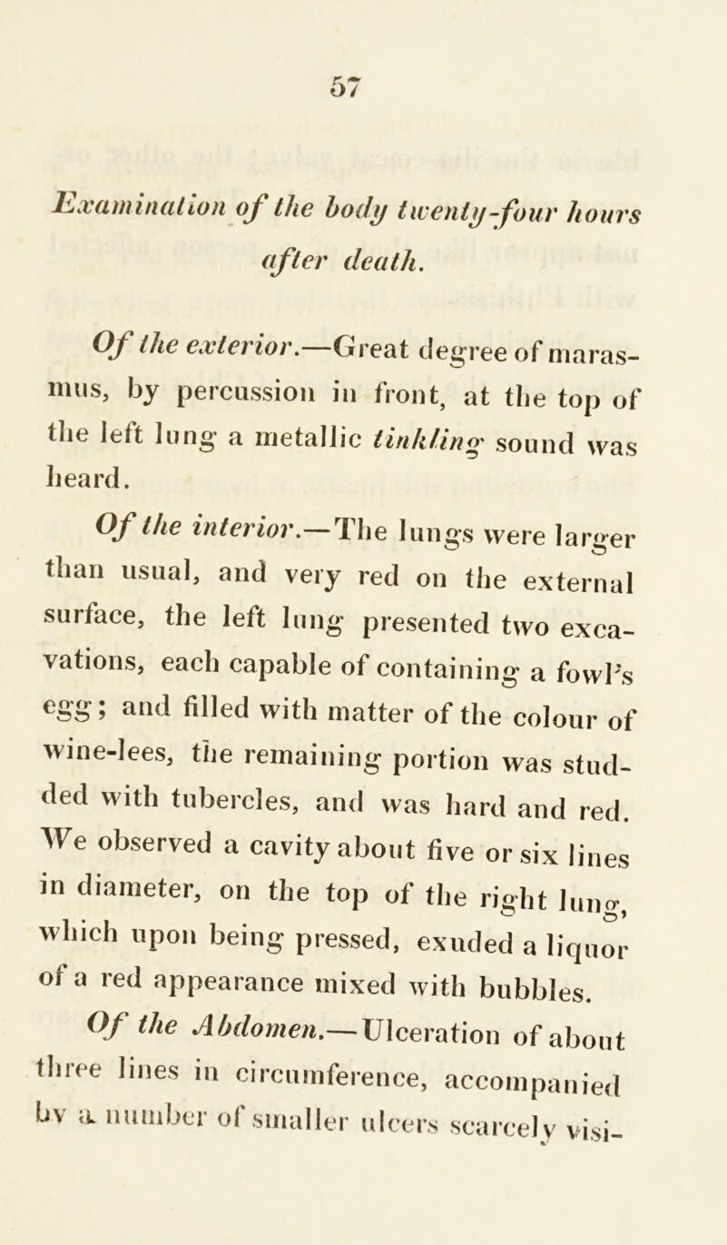 Lxaminalion oj the body twenty-four hours after death. Of the exterior—Great degree of maras- nuis, by percussion in front, at the top of the left lung a metallic tinkling sound was heard. Of the interior.—The lungs were larger than usual, and very red on the external surface, the left lung presented two exca- vations, each capable of containing a fowl's egg; and filled with matter of the colour of wine-lees, the remaining portion was stud- ded with tubercles, and was hard and red. We observed a cavity about five or six lines in diameter, on the top of the right Juno- which upon being pressed, exuded a liquor ot a red appearance mixed with bubbles. Of the Abdomen.— Ulceration of about three lines in circumference, accompanied bv a, number of smaller ulcers scarcely' visi-