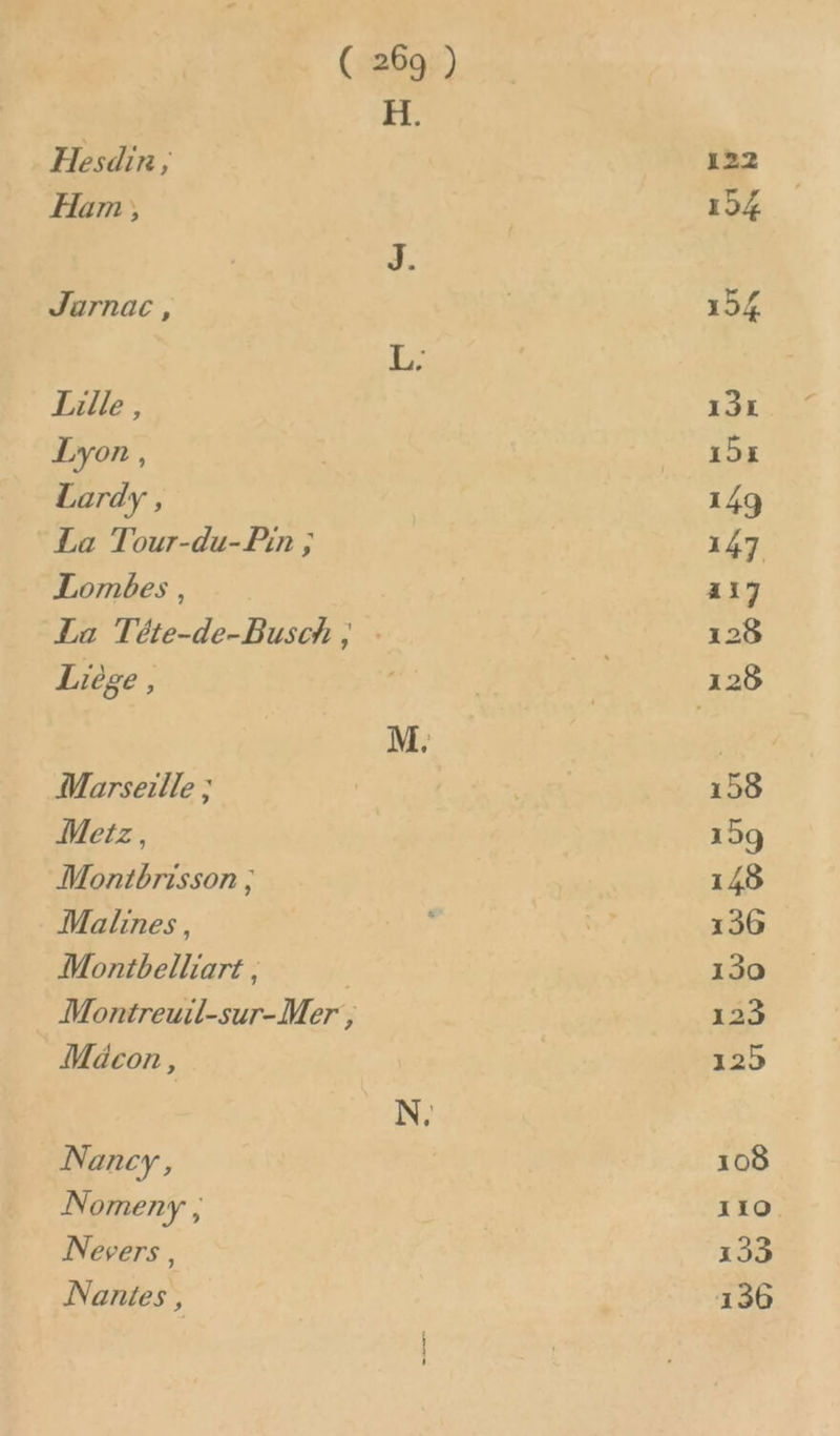 Harn , Jarnac , Lille , Lyon, Lordy , La Tour-du-Pin ; Lombes, Liège, Marseille ; Metz, Montbrisson ; Malines, Montbelliart , ( 269 ) Mäcon , Nancy, Nomeny ; Nevers, Nantes ,