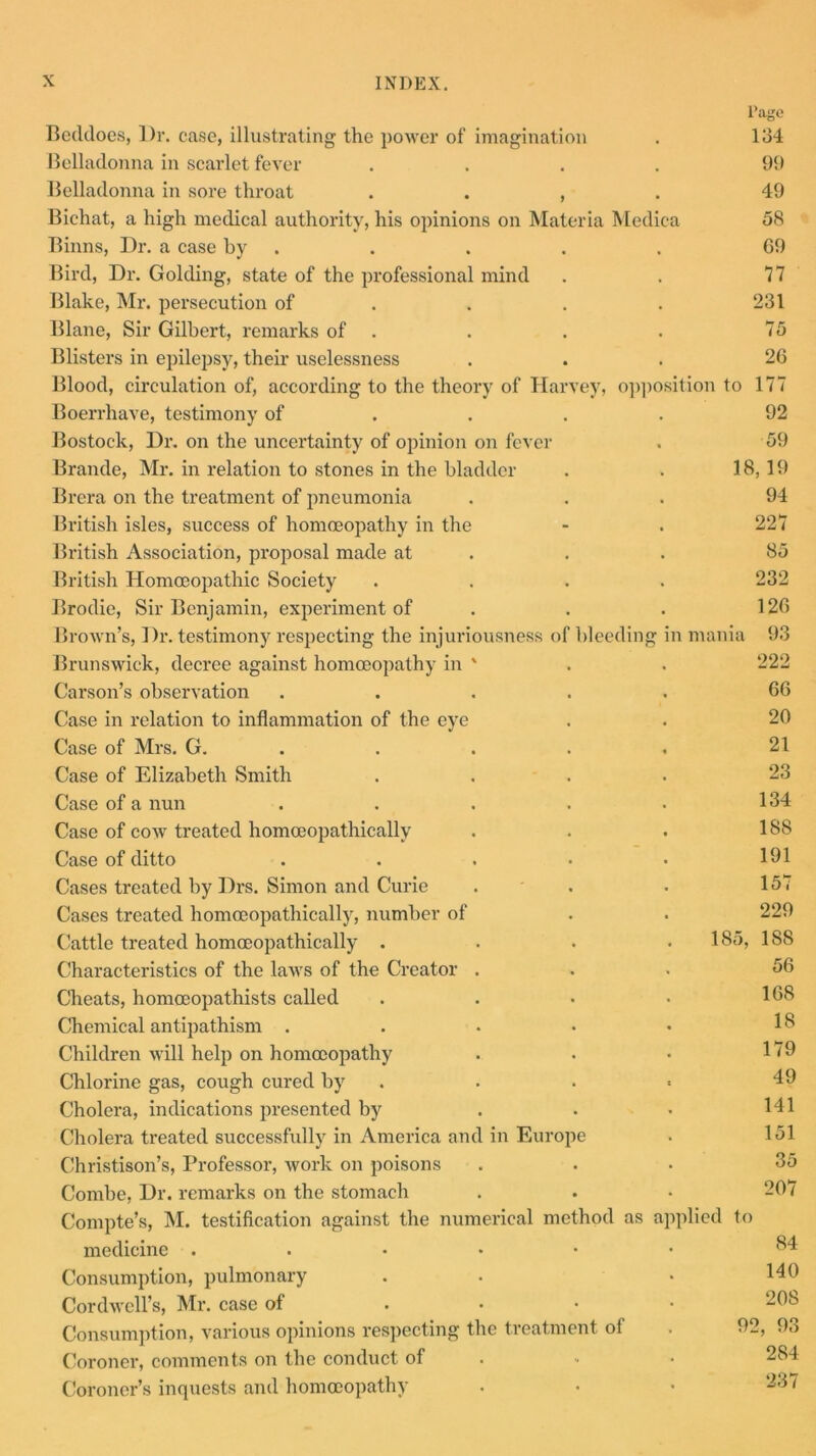 l’age Beddoes, l)r. case, illustrating the power of imagination . 134 Belladonna in scarlet fever .... 99 Belladonna in sore throat . . , . 49 Bichat, a high medical authority, his opinions on Materia Medica 58 Binns, Dr. a case by . . . . 69 Bird, Dr. Golding, state of the professional mind . . 77 Blake, Mr. persecution of . . . . 231 Blane, Sir Gilbert, remarks of . . . . 75 Blisters in epilepsy, their uselessness ... 26 Blood, circulation of, according to the theory of Harvey, opposition to 177 Boerrhave, testimony of ... 92 Bostock, Dr. on the uncertainty of opinion on fever . 59 Brande, Mr. in relation to stones in the bladder . . 18,19 Brera on the treatment of pneumonia ... 94 British isles, success of homoeopathy in the - . 227 British Association, proposal made at . . 85 British Homoeopathic Society .... 232 Brodie, Sir Benjamin, experiment of . . . 126 Brown’s, Dr. testimony respecting the injuriousness of bleeding in mania 93 Brunswick, decree against homoeopathy in ' . . 222 Carson’s observation ..... 66 Case in relation to inflammation of the eye . . 20 Case of Mrs. G. . . . . 21 Case of Elizabeth Smith .... 23 Case of a nun . . . . . 134 Case of cow treated homoeopathically . . . 188 Case of ditto ..... 191 Cases treated by Drs. Simon and Curie . . 157 Cases treated homoeopathically, number of . . 229 Cattle treated homoeopathically . . . 185, 188 Characteristics of the laws of the Creator ... 56 Cheats, homoeopathists called .... 168 Chemical antipathism . . • • • 18 Children will help on homoeopathy . . • 179 Chlorine gas, cough cured by . 49 Cholera, indications presented by . . • 141 Cholera treated successfully in America and in Europe . 151 Christison’s, Professor, work on poisons ... 35 Combe, Dr. remarks on the stomach . . • 207 Compte’s, M. testification against the numerical method as applied to medicine ..•••• 84 Consumption, pulmonary . . • 140 Cordwcll’s, Mr. case of .... 208 Consumption, various opinions respecting the treatment of . 92, 93 Coroner, comments on the conduct of - • 284 Coroner’s inquests and homoeopathy . • • 23 /