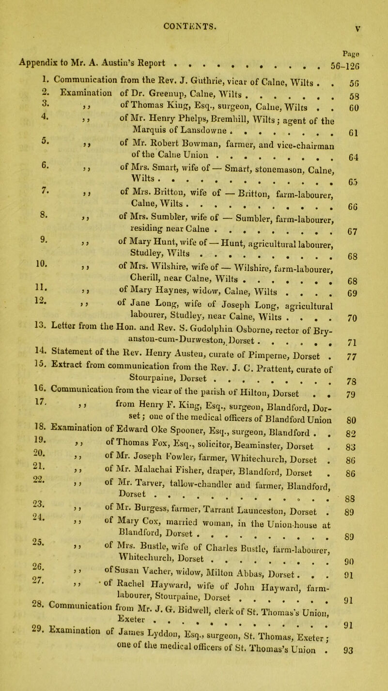 Pagfi Appendix to Mr. A. Austin’s Report 56-120 1. Communication from the Rev. J. Guthrie, vicar of Caine, Wilts . . 50 2. Examination of Dr. Greenup, Caine, Wilts 3* >> of Thomas King, Esq., surgeon, Caine, Wilts . . GO 4< >> of Mr. Henry Phelps, Bremhill, Wilts; agent of the Marquis of Lansdowne * 61 5* >> of Mr. Robert Bowman, farmer, and vice-chairman of the Caine Union 6- >> of Mrs. Smart, wife of — Smart, stonemason, Caine, Wilts '• > > of Ml's- Britton, wife of — Britton, farm-labourer, Caine, Wilts 8- > > of Mrs. Sumbler, wife of — Sumbler, farm-labourer, residing near Caine 9l ” of Mary Hunt, wife of —Hunt, agricultural labourer, Studley, Wilts 10- j> of Mrs. Wilshire, wife of — Wilshire, farm-labourer, Cherill, near Caine, Wilts 68 ]1, ’> °f Mary Haynes, widow, Caine, Wilts .... 09 12, ” of Jane Long, wife of Joseph Long, agricultural labourer, Studley, near Caine, Wilts .... 70 1 j. Letter from the Hon. and Rev. S. Godolphin Osborne, rector of Bry- anston-cum-Durweston, Dorset...... 71 14. Statement of the Rev. Henry Austen, curate of Pimperne, Dorset . 77 15. Extract from communication from the Rev. J. C. Prattent, curate of Stourpaine, Dorset 16. Communication from the vicar of the parish of Hilton, Dorset . . 79 17' »> from Hen‘y F- King, Esq., surgeon, Blandford, Dor- set j one of the medical officers of Blandford Union 80 18. Examination of Edward Oke Spooner, Esq., surgeon, Blandford . . 82 ” of Thomas Fox, Esq., solicitor, Beaminster, Dorset . 83 20- ’> of Mr. Joseph Fowler, farmer, Whitechurch, Dorset . 86 21‘ >’ of Mr- Malachai Fisher, draper, Blandford, Dorset . 86 22, >’ of Mr- Tarver, tallow-chandler and farmer, Blandford, Dorset 9 OQ no oo ,, of Mr. Burgess, farmer, Tarrant Launceston, Dorset . 89 ” of Mary Cox, married woman, in the Union-house at Blandford, Dorset gq 25‘ 5 ’ of Mls-. Bustle> 'vile of Charles Bustle, farm-l'abourer, Whitechurch, Dorset ~6_ ” °f Susan Vacher, widow, Milton Abbas, Dorset. . . 91 ” ‘of Rachel Hayward, wife of John Hayward, farm- labourer, Stourpaine, Dorset . . gj 28. Communication from Mr. J. G. Bidwell, clerk of St. Thomas's- Union' Kxeter gj 29. Examination of James Lyddou, Esq., surgeon, St. Thomas, Exeter ; one of the medical officers of St. Thomas’s Union . 93