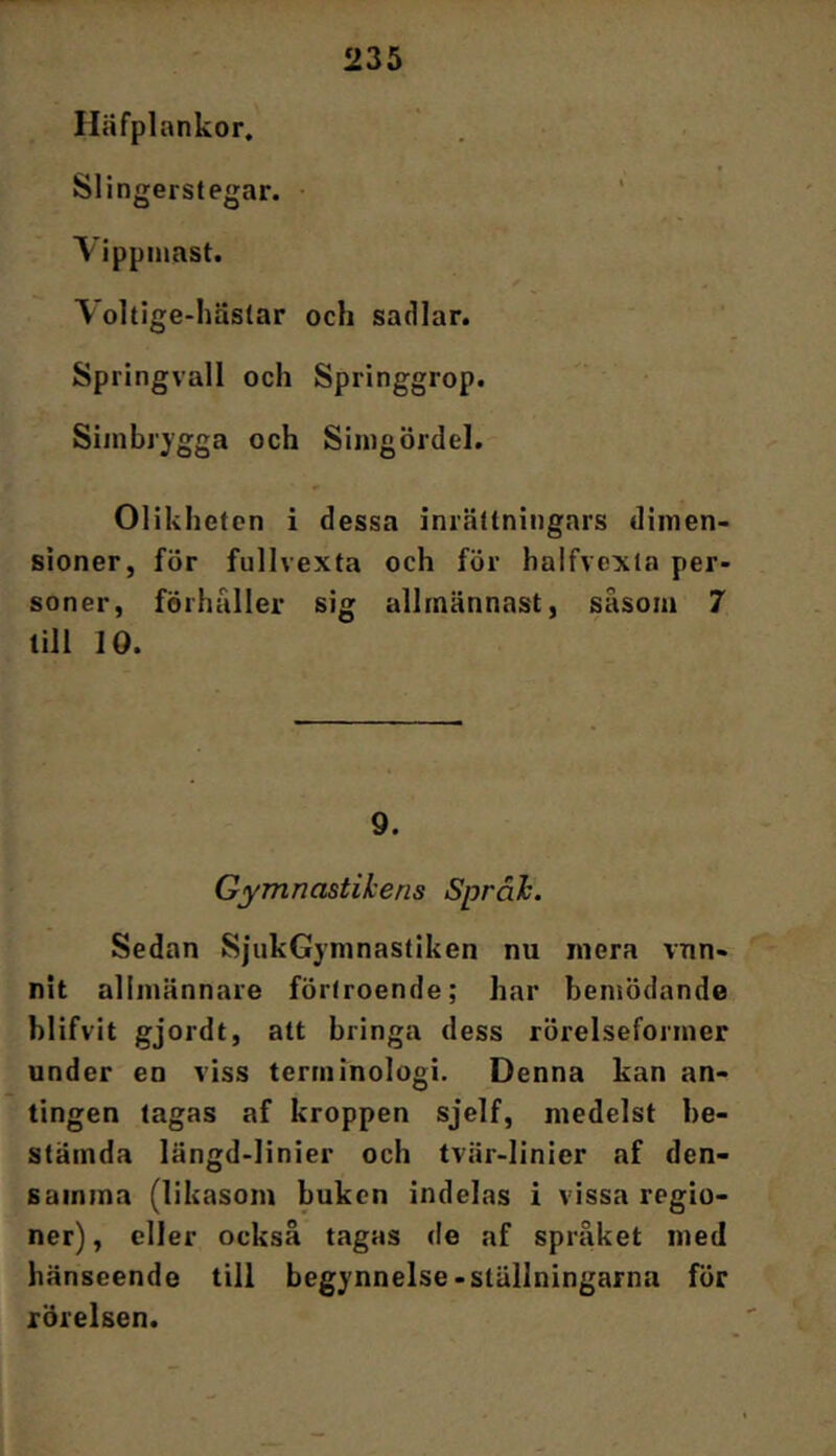 Häfplankor, Slingerstegar. • ' ' Vippniast. Yoltige-häslar och sadlar. Springvall och Springgrop. Siinbrygga och Sinigördel. Olikheten i dessa inrättningars dimen- sioner, för fullvexta och för halfvexla per- soner, förhåller sig allmännast, såsom 7 lili 10. 9. Gymnastikens Språk. Sedan SjukGymnastiken nu mera vun- nit allmännare förtroende; har bemödande blifvit gjordt, att bringa dess rörelseformer under en viss terminologi. Denna kan an- tingen tagas af kroppen sjelf, medelst be- stämda längd-linier och tvär-linier af den- samma (likasom buken indelas i vissa regio- ner) , eller också tagas de af språket med hänseende till begynnelse-ställningarna för rörelsen. .1