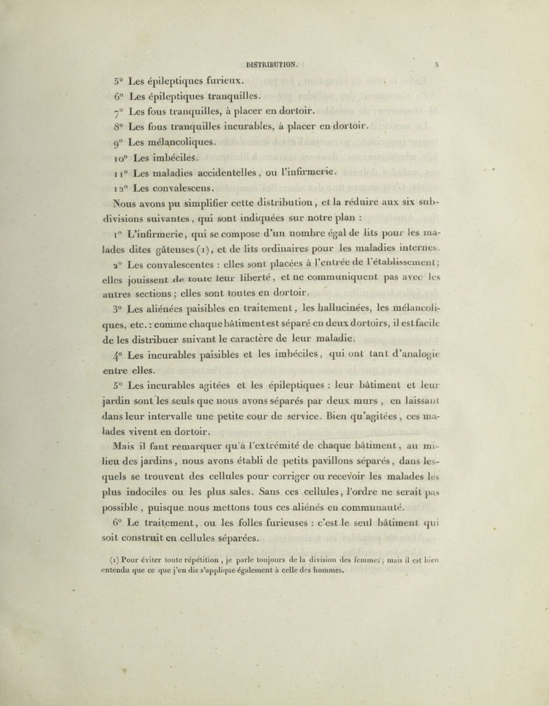 5° Les épileptiques furieux. 6° Les épileptiques tranquilles. 70 Les fous tranquilles, à placer en dortoir. 8° Les fous tranquilles incurables, à placer en dortoir. 9° Les mélancoliques. io° Les imbéciles. ri0 Les maladies accidentelles, ou l’infirmerie. i2° Les convalescens. Nous avons pu simplifier cette distribution , et la réduire aux six sub- divisions suivantes , qui sont indiquées sur notre plan : i° L’infirmerie, qui se compose d’un nombre égal de lits pour les ma- lades dites gâteuses (j), et de lits ordinaires pour les maladies internes. 2° Les convalescentes : elles sont placées à 1 entrée de 1 établissement j elles jouissent de toute leur liberté, et ne communiquent pas avec les autres sections ; elles sont toutes eu dortoir. 3° Les aliénées paisibles en traitement, les hallucinées, les mélancoli- ques, etc. : comme chaque bâtiment est séparé en deux dortoirs, il estfacile de les distribuer suivant le caractère de leur maladie. 4° Les incurables paisibles et les imbéciles, qui ont tant d’analogie entre elles. 5° Les incurables agitées et les épileptiques : leur bâtiment et leur jardin sont les seuls que nous avons séparés par deux murs , en laissant dans leur intervalle une petite cour de service. Bien qu’agitées, ces ma- lades vivent en dortoir. Mais il faut remarquer qu'à l’extrémité de chaque bâtiment, au mi- lieu des jardins, nous avons établi de petits pavillons séparés, dans les- quels se trouvent des cellules pour corriger ou recevoir les malades les plus indociles ou les plus sales. Sans ces cellules, l’ordre ne serait pas possible , puisque nous mettons tous ces aliénés en communauté. 6° Le traitement, ou les folles furieuses : c’est le seul bâtiment qui soit construit en cellules séparées. (i) Pour éviter toute répétition , je parle toujours delà division des femmes j mais il est bien entendu que ce que j’en dis s’applique également à celle des hommes.