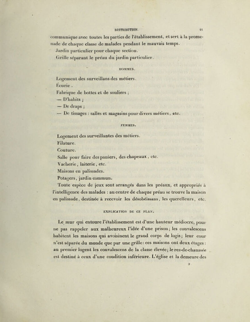 communique avec toutes les parties de l’établissement, et sert à la prome- nade de chaque classe de malades pendant le mauvais temps. Jardin particulier pour chaque section. Grille séparant le préau du jardin particulier. HOMMES. Logement des surveillans des métiers. Ecurie . Fabrique de bottes et de souliers ; — D’habits ; — De draps ; — De tissages : salles et magasins pour divers métiers, etc. FEMMES. Logement des surveillantes des métiers. Filature. Couture. Salle pour faire des paniers, des chapeaux , etc. Vacherie, laiterie, etc. Maisons en palissades. Potagers, jardin commun. Toute espèce de jeux sont arrangés dans les préaux, et appropriés à l’intelligence des malades : au centre de chaque préau se trouve la maison en palissade, destinée à l’ecevoir les désobéissans, les querelleurs, etc. EXPLICATION DE CE PLAN. Le mur qui entoure l’établissement est d’une hauteur médiocre, pour ne pas rappeler aux malheureux l’idée d’une prison ; les convalescens habitent les maisons qui avoisinent le grand corps de logis ; leur cour n’est séparée du monde que par une grille: ces maisons ont deux étages : au premier logent les convalescens de la classe élevée; le rez-de-chaussée est destiné à ceux d’une condition inférieure. L’église et la demeure des