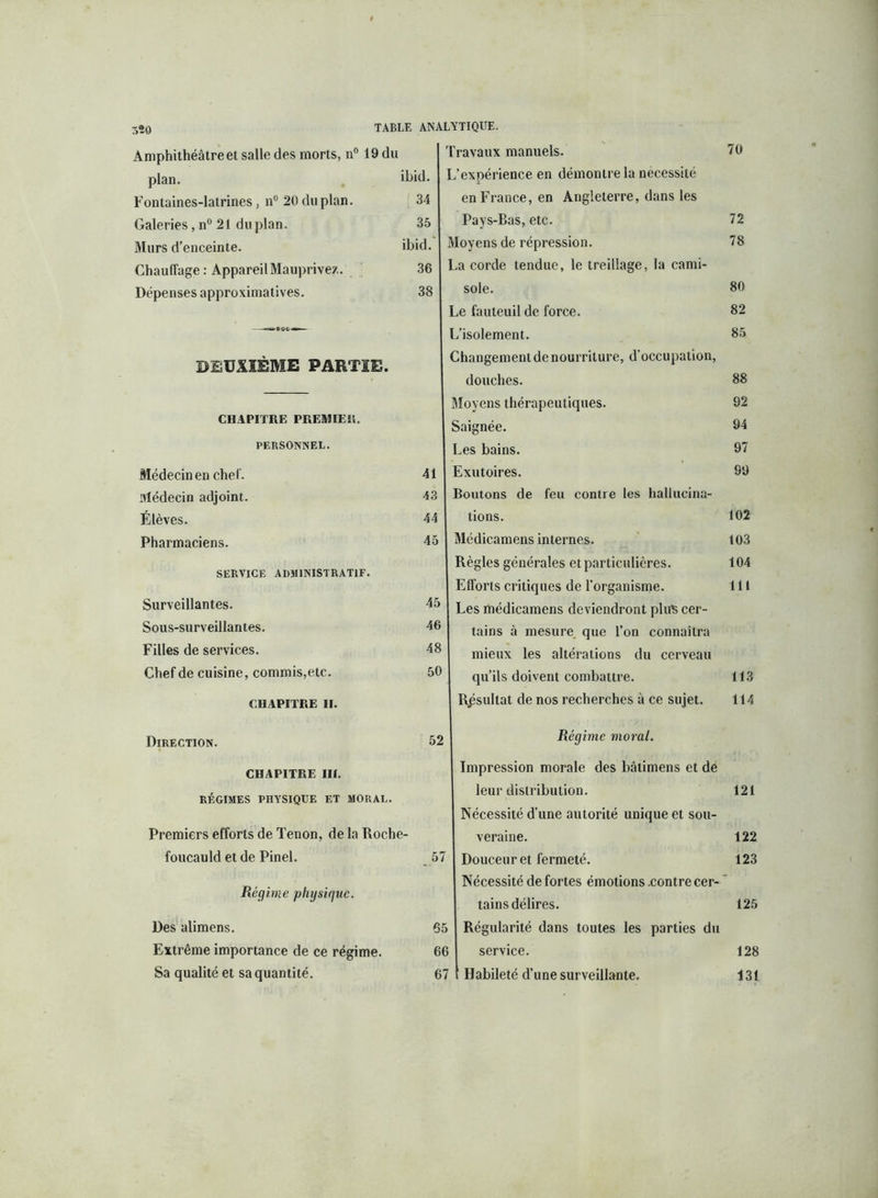 Amphithéâtre et salle des morts, n° 19 du plan. ibid. Fontaines-latrines, n° 20 du plan. 34 Galeries, n° 21 du plan. 35 Murs d’enceinte. ibid. Chauffage: AppareilMauprive?.. 36 Dépenses approximatives. 38 DEUXIÈME PARTIE. CHAPITRE PREMIER. PERSONNEL. Médecin en chef. 41 Médecin adjoint. 43 Élèves. 44 Pharmaciens. 45 SERVICE ADMINISTRATIF. Surveillantes. Sous-surveillantes. Filles de services. Chef de cuisine, commis,etc. CHAPITRE II. Direction. CHAPITRE III. RÉGIMES PHYSIQUE ET MORAL. Premiers efforts de Tenon, de la Roche- foucauld et de Pinel. Régime physique. Des alimens. Extrême importance de ce régime. Sa qualité et sa quantité. 45 46 48 50 Travaux manuels. L’expérience en démontre la nécessité en France, en Angleterre, dans les Pays-Bas, etc. Moyens de répression. La corde tendue, le treillage, la cami- sole. Le fauteuil de force. L’isolement. Changement de nourriture, d’occupation, douches. Moyens thérapeutiques. Saignée. Les bains. Exutoires. Boutons de feu contre les hallucina- tions. Médicamens internes. Règles générales et particulières. Elforts critiques de l’organisme. Les médicamens deviendront plus cer- tains à mesure que l’on connaîtra mieux les altérations du cerveau qu’ils doivent combattre. Résultat de nos recherches à ce sujet. 70 72 78 80 82 85 88 92 94 97 99 102 103 104 111 113 114 52 | Régime moral. Impression morale des bâlimens et de leur distribution. Nécessité d’une autorité unique et sou- veraine. 57 | Douceur et fermeté. Nécessité de fortes émotions .contre cer- tains délires. 65 1 Régularité dans toutes les parties du 66 service. 67 v Habileté d’une surveillante. 121 122 123 125 128 131