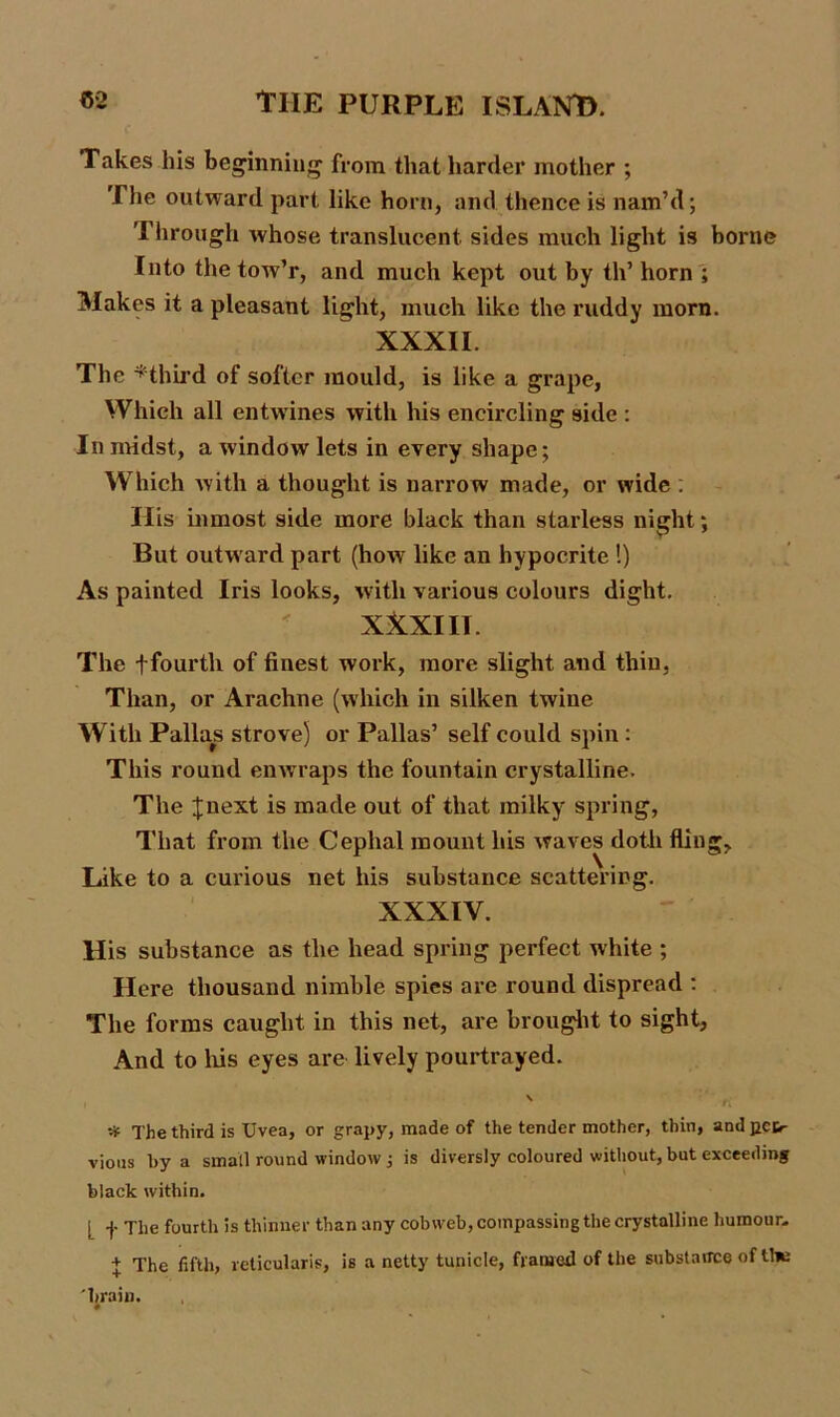 Takes his beginning from that harder mother ; I lie outward part like horn, and. thence is nam’d; Through whose translucent, sides much light is borne Into the tow’r, and much kept out by th’ horn ; Makes it a pleasant light, much like the ruddy morn. XXXII. The *third of softer mould, is like a grape, Which all entwines with his encircling side : In midst, a window lets in every shape; Which with a thought is narrow made, or wide : His inmost side more black than starless night; But outward part (how like an hypocrite !) As painted Iris looks, with various colours dight. XXXIIT. The ffourth of finest work, more slight and thin, Than, or Arachne (which in silken twine With Pallas strove) or Pallas’ self could spin: This round enwraps the fountain crystalline. The Jnext is made out of that milky spring, That from the Cephal mount his waves doth fling. Like to a curious net his substance scattering. XXXIV. His substance as the head spring perfect white ; Here thousand nimble spies are round dispread : The forms caught in this net, are brought to sight, And to his eyes are lively pourtrayed. ■* The third is Uvea, or grapy, made of the tender mother, thin, and petr vious by a small round window ; is diversly coloured without, but exceeding black within. [_ -|. The fourth is thinner than any cobweb, compassing the crystalline humour. + The fifth, reticularis, is a netty tunicle, framed of the substance of ll»i 'brain.