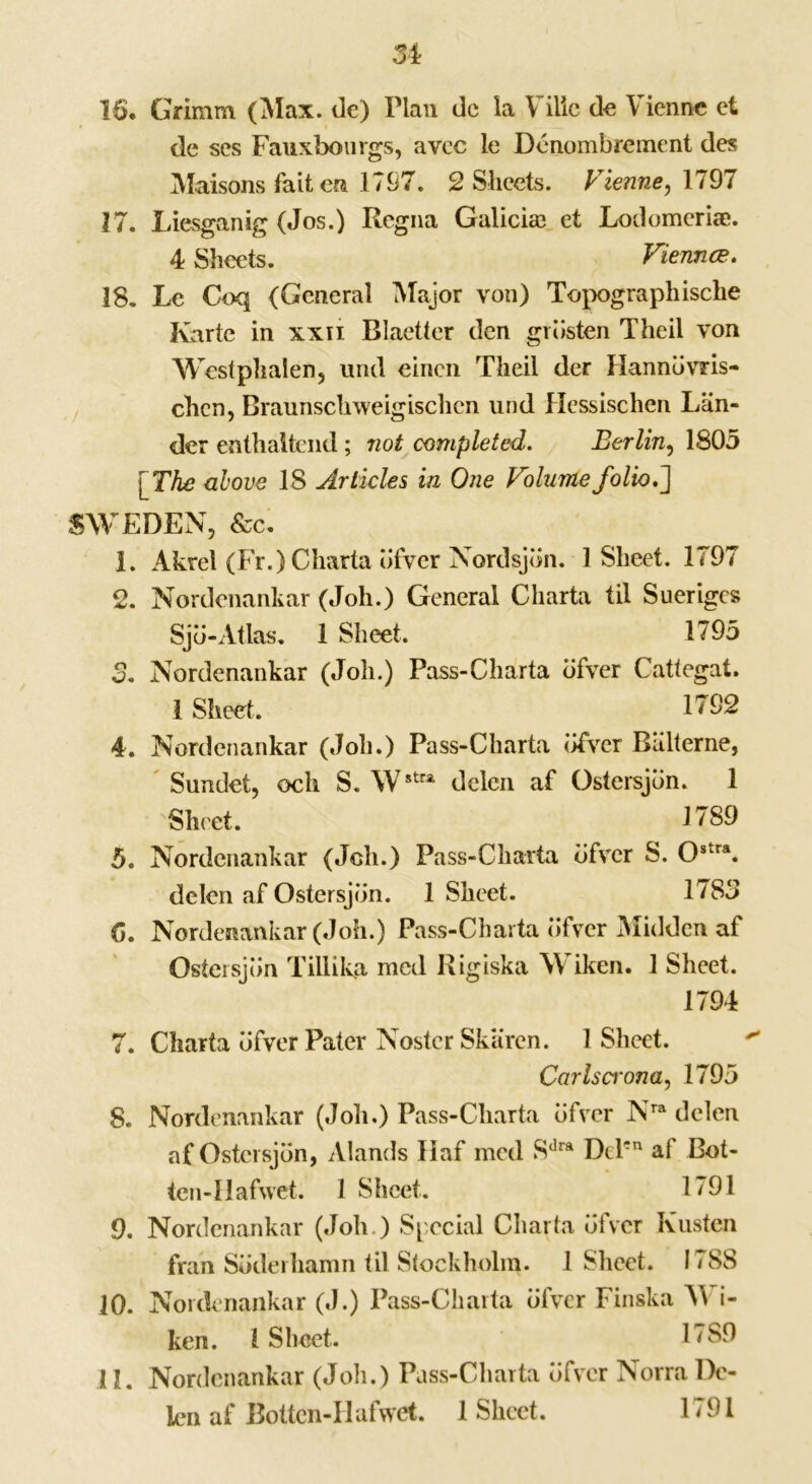 IS. Grimm (Max. de) Plan dc la Viilc de Vienne et tie ses Fauxbourgs, avee le Denombrement des Maisons fait era. 1797. 2 Sheets. Vienne, 179/ 27. Liesganig (Jos.) Regna Galicia} et Lodomerise. 4 Sheets. Vienna. 18. Le Coq (General Major von) Topographische Karte in xxii Blaetter den grdsten Theil von Westphalen, urul einen Theil der Hanndvris- chen, Braunschweigischcn und Hcssischen Lan- der enthaltcnd; not completed. Berlin, 1805 [The above 18 Articles in One Volume folio. J SWEDEN, &c. 1. Akrel (Fr.) Charta dfver Nordsjdn. 1 Sheet. 1797 2. Nordenankar (Joh.) General Charta til Suerigcs Sjd-Atlas. 1 Sheet. 1795 3. Nordenankar (Joh.) Pass-Charta dfver Cattegat. 1 Sheet. 1792 4. Nordenankar (Joh.) Pass-Charta dfver Balterne, Sundet, och S. \Vstra delen af Ostersjdn. 1 Sheet. 1789 5. Nordenankar (Joli.) Pass-Charta dfver S. Ostra. delen af Ostersjdn. 1 Sheet. 1785 G. Nordenankar (Joh.) Pass-Charta dfver Midden af Ostersjdn Tillika med Rigiska Wiken. 1 Sheet. 1794 7. Charta dfver Pater Noster Skaren. 1 Sheet. Carlsci'ona, 1795 8. Nordenankar (Joh.) Pass-Charta dfver Nra delen af Ostersjdn, Alands Haf med Sdra Delcn af Bot- ten-Hafwet. 1 Sheet. 1791 9. Nordenankar (Joh.) Special Charta dfver Kusten fran Sdderhamn til Stockholm. 1 Sheet. 1788 10. Nordenankar (.1.) Pass-Charta dfver Finska Wi- ken. 1 Sheet. 17S9 11. Nordenankar (Joh.) Pass-Charta dfver Norra De- lcn af Bottcn-Ilafwet. 1 Sheet. 1/91