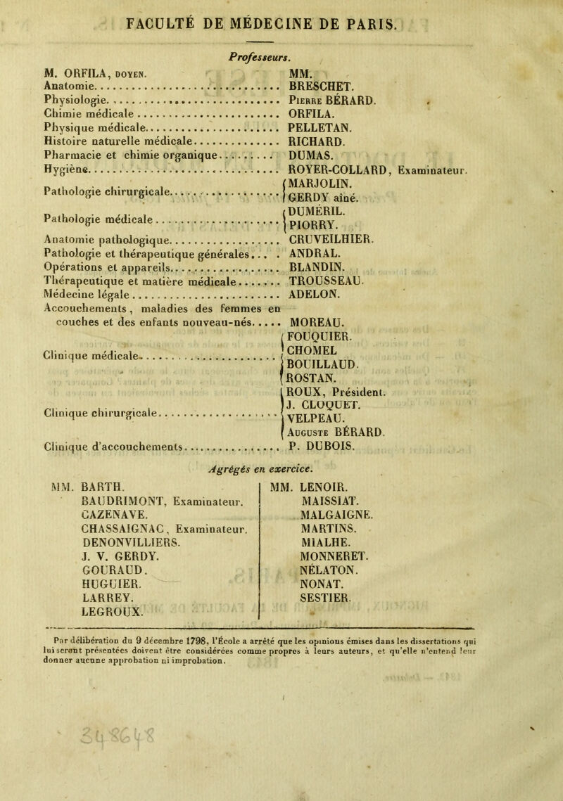 Professeurs. M. ORFILA, doyen. MM. Anatomie BRESCHET. Physiologie. Pierre BÉRARD. Chimie médicale ORFILA. Physique médicale PELLETAN. Histoire naturelle médicale RICHARD. Pharmacie et chimie organique DUMAS. Hygiène ROYER-COLLARD n , . . .. . , (MARJOLIN. Pathologie chirurgicale. j GERDY aîné. Pathologie médicale Anatomie pathologique Pathologie et thérapeutique générales... . Opérations et appareils.. Thérapeutique et matière médicale Médecine légale Accouchements, maladies des femmes en couches et des enfants nouveau-nés ! Clinique médicale \ iDUMÉRIL. | PIORRY. CRUVEILHIER. ANDRAL. BLANDIN. TROUSSEAU. ADELON. MOREAU. (FOUQUIER. CHOMEL BOUILLAUD. ROSTAN. Clinique chirurgicale. . .. Clinique d’accouchements 1ROUX, Président. J. CLOQUET. VELPEAU. Auguste BÉRARD P. DUBOIS. Examinateur. Agrégés en exercice. MM. BARTH BAUDRIMONT, Examinateur. CAZENAVE. CHASSAIGNAC, Examinateur. DENONVILLIERS. J. V. GERDY. GOURAUD. HUGUIER. LARREY. LEGROUX. MM. LENOIR. MAISSIAT. MALGAIGNE. MARTINS. M1ALHE. MONNERET. NÉLATON. NONAT. SESTIER. Par délibération du 9 décembre 1798, l’École a arrêté que les opinions émises dans les dissertations qui lui seront présentées doivent être considérées comme propres à leurs auteurs, et qu’elle n'entend leur donner aucune approbation ni improbation. /