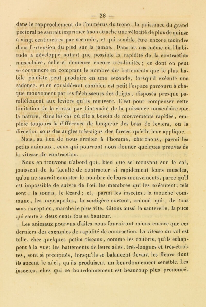 dans le rapprochement de l’humérus du tronc , la puissance du grand pectoral ne saurait imprimer à son attache une vélocité de plus de quinze à vingt centimètres par seconde, et qui semble être encore moindre dans l’extension du pied sur la jambe. Dans les cas même où l habi- tude a développé autant que possible la rapidité de la contraction musculaire, celle-ci demeure encore très-limitée; ce dont on peut se convaincre en comptant le nombre des battements que le plus ha- bile pianiste peut produire en une seconde, lorsqu’il exécute une cadence, et en considérant combien est petit l’espace parcouru à cha- que mouvement par les fléchisseurs des doigts , disposés presque pa- rallèlement aux leviers qu’ils meuvent. C'est pour compenser cette limitation de la vitesse par l’intensité de la puissance musculaire que la nature, dans les cas où elle a besoin de mouvements rapides , em- ploie toujours la différence de longueur des bras de leviers, ou la direction sous des angles très-aigus des forces qu’elle leur applique. Mais, au lieu de nous arrêter à l’homme, cherchons, parmi les petits animaux, ceux qui pourront, nous donner quelques preuves de la vitesse de contraction. Nous en trouvons d’abord qui, bien que se mouvant sur le sol, jouissent de la faculté de contracter si rapidement leurs muscles, qu’on ne saurait compter le nombre de leurs mouvements, parce qu’il est impossible de suivre de l’œil les membres qui les exécutent; tels sont : la souris, le lézard; et, parmi les insectes, la mouche com- mune, les myriapodes, la scutigère surtout, animal qui, de tous sans exception, marche le plus vite. Citons aussi la sauterelle, la puce qui saute à deux cents fois sa hauteur. Les animaux pourvus d’ailes nous fourniront mieux encore que ces derniers des exemples de rapidité de contraction. La vitesse du vol est telle, chez quelques petits oiseaux , comme les colibris, qu’ils échap- pent à la vue; les battements de leurs ailes, très-longues et très-étroi- tes, sont si précipités, lorsqu’ils se balancent devant les fleurs dont ils sucent le miel, qu’ils produisent un bourdonnement sensible. Les insectes, chez qui ce bourdonnement est beaucoup plus prononcé,