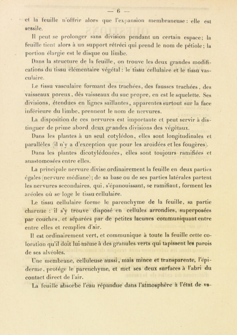 et la feuille n’offrir alors que l’expansion membraneuse: elle est sessile. Il peut se prolonger sans division pendant un certain espace; la feuille tient alors à un support rétréci qui prend le nom de pétiole; la portion élargie est le disque ou limbe. Dans la structure de la feuille, on trouve les deux grandes modifi- cations du tissu élémentaire végétal : le tissu cellulaire et le tissu vas- culaire. Le tissu vasculaire formant des trachées, des fausses trachées, des vaisseaux poreux, dés vaisseaux du suc propre, en est le squelette. Ses divisions, étendues en lignes saillantes, apparentes surtout sur la face inférieure du limbe, prennent le nom de nervures. La disposition de ces nervures est importante et peut servir à dis- tinguer de prime abord deux grandes divisions des végétaux. Dans les plantes à un seul cotylédon, elles sont longitudinales et parallèles (il n’y a d’exception que pour les aroïdées et les fougères). Dans les plantes dicotylédonées, elles sont toujours ramifiées et anastomosées entre elles. La principale nervure divise ordinairement la feuille en deux parties égales (nervure médiane); de sa base ou de ses parties latérales partent les nervures secondaires, qui, s’épanouissant, se ramifiant, forment les aréoles où se loge le tissu cellulaire. Le tissu cellulaire forme le parenchyme de la feuille, sa partie charnue : il s’y trouve disposé en cellules arrondies, superposées par couches, et séparées par de petites lacunes communiquant entre entre elles et remplies d’air. Il est ordinairement vert, et communique à toute la feuille cette co- loration qu’il doit lui-même à des granules veïts qui tapissent les parois de ses alvéoles. Une membrane, celluleuse aussi, mais mince et transparente, l’épi- derme, protège le parenchyme, et met ses deux surfaces à l’abri du contact direct de l’air. La feuille absorbe l’eau répandue dans l’atmosphère à l’état de va-
